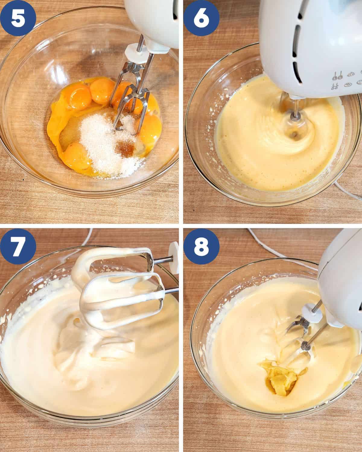 Step by step process of beating the eggs and sugar until the batter becomes pale and thick.