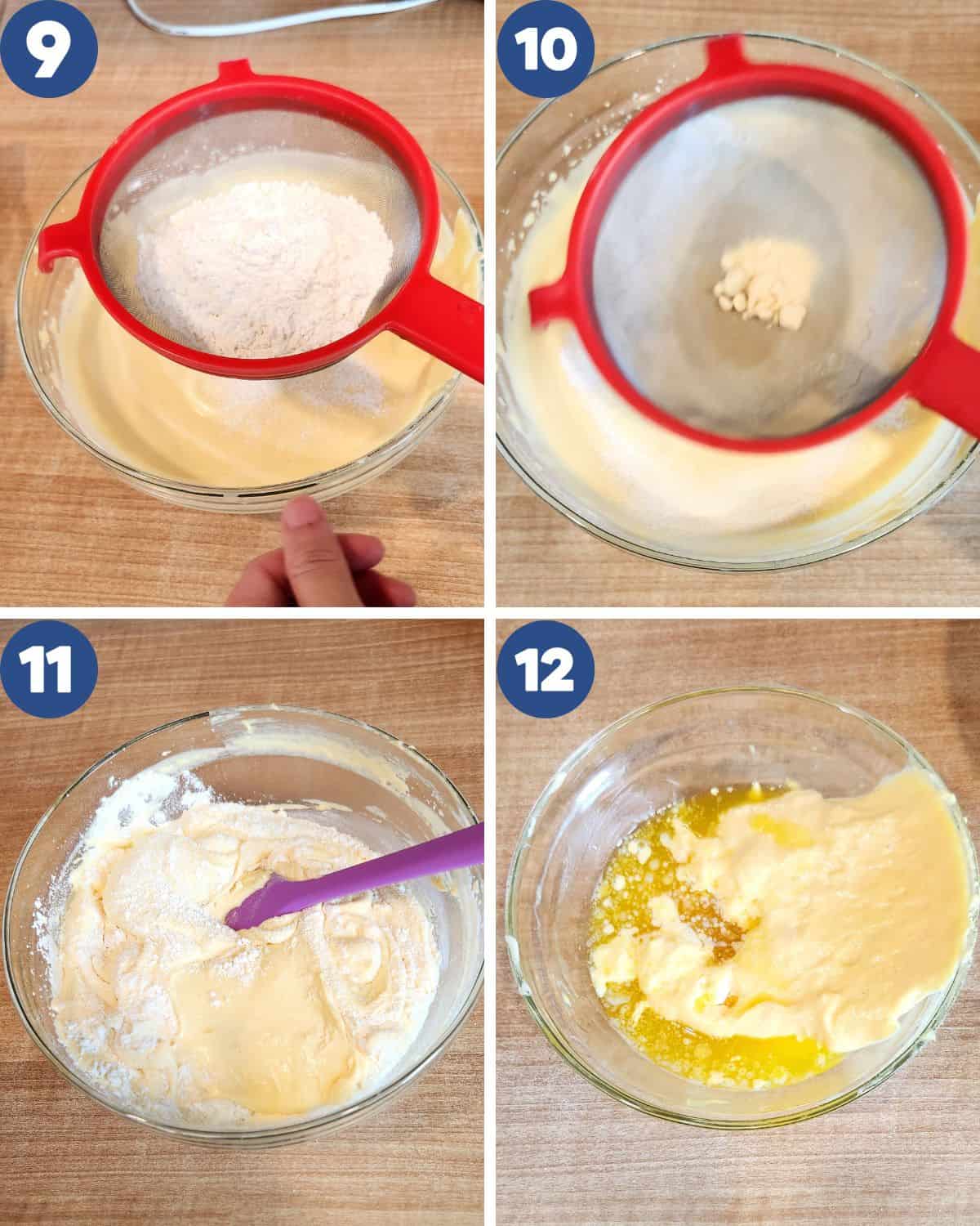 Step by step process of sifting the dry ingredients  into the batter and mixing the melted butter.