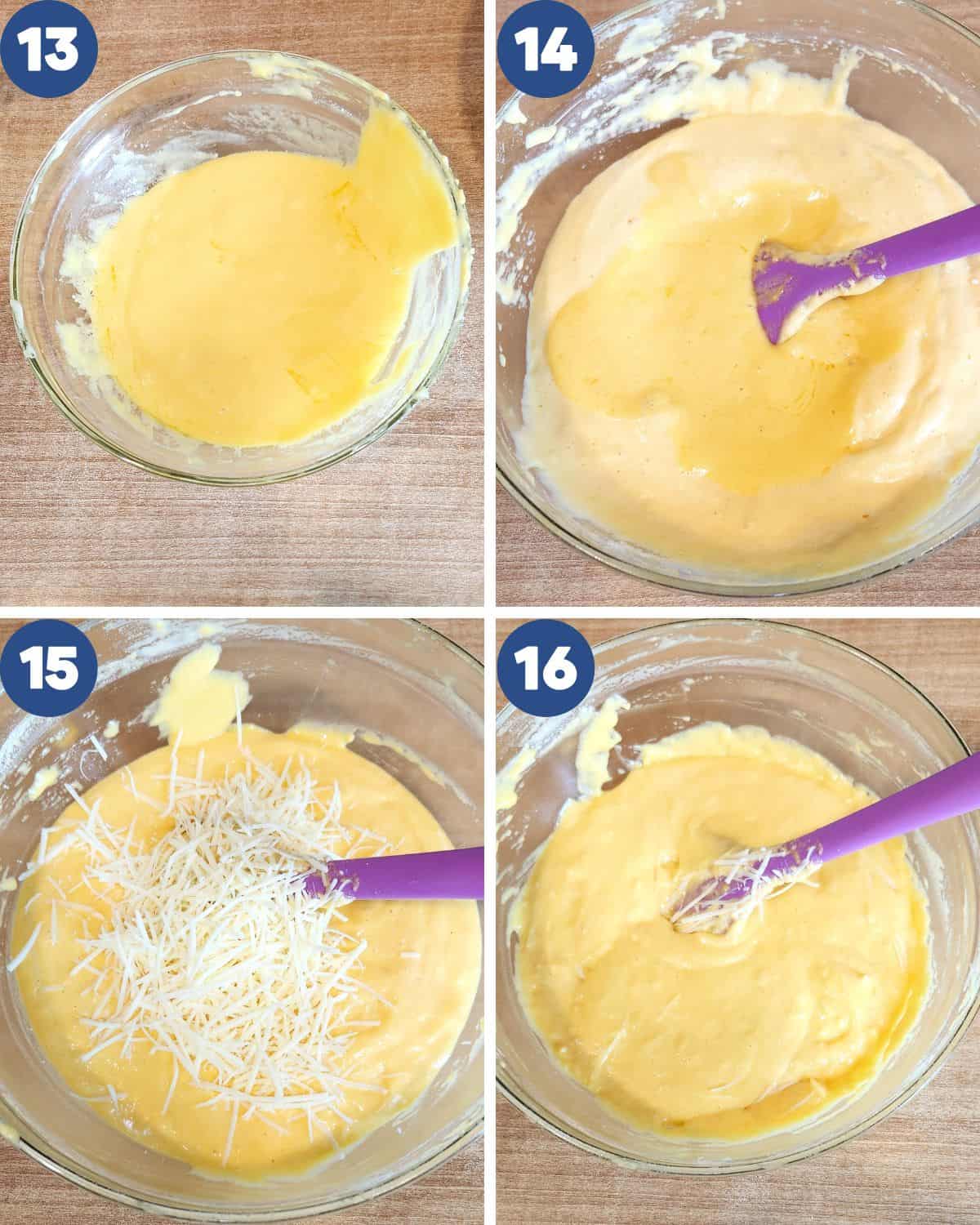 Photos of mixing the butter into the batter and adding some grated cheese.