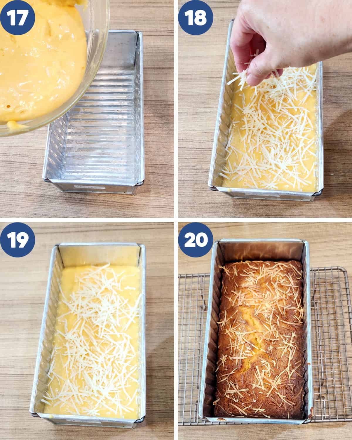 Photos of pouring the batter into a greased baking pan and sprinkling the top with grated cheese.