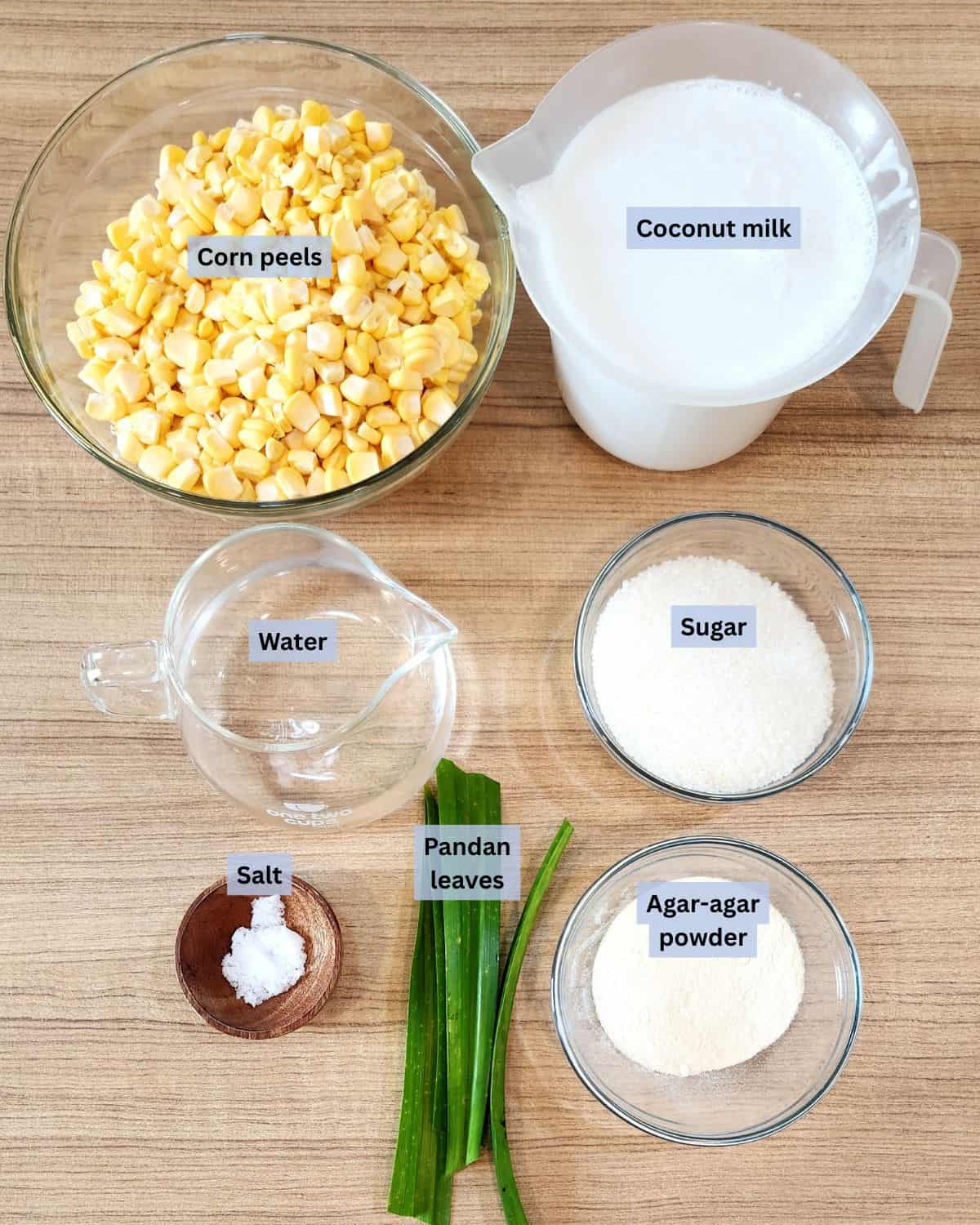 A photo of gluten free corn pudding ingredients with labels.