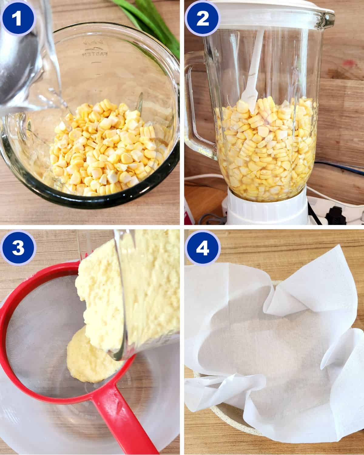 Step by step process of blending the sweet corn in a food processor.