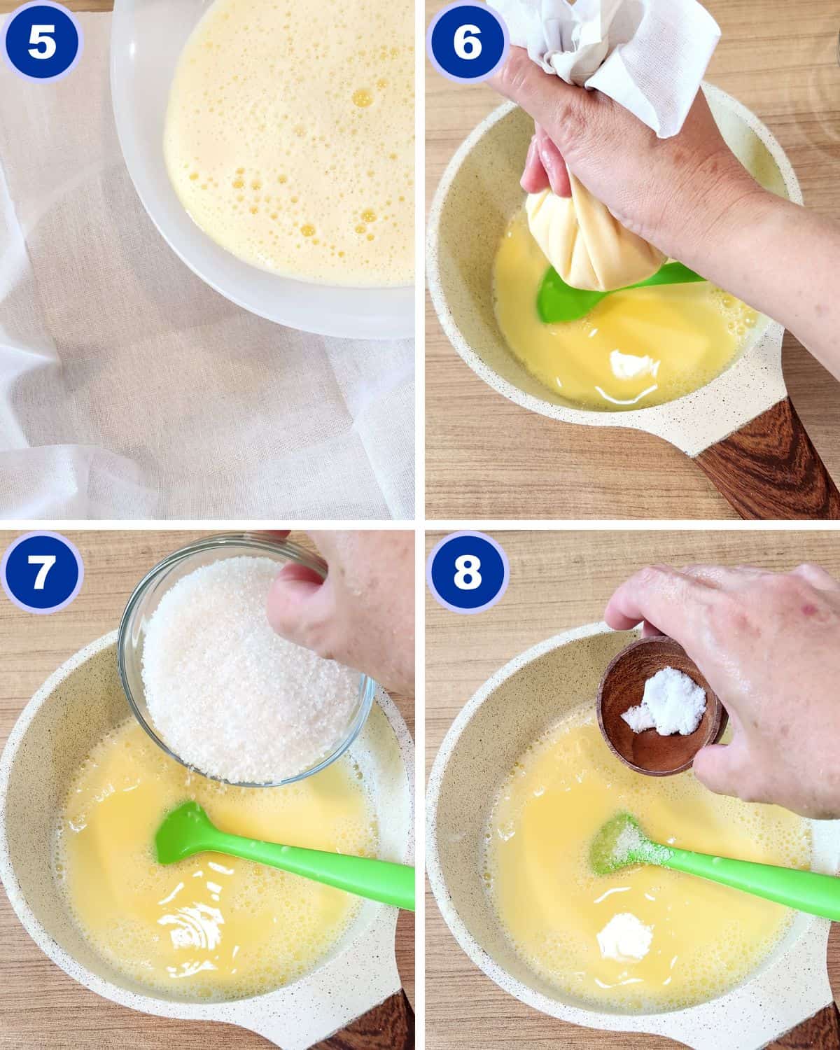 Step by step process of mixing the corn juice with other ingredients in a pot.