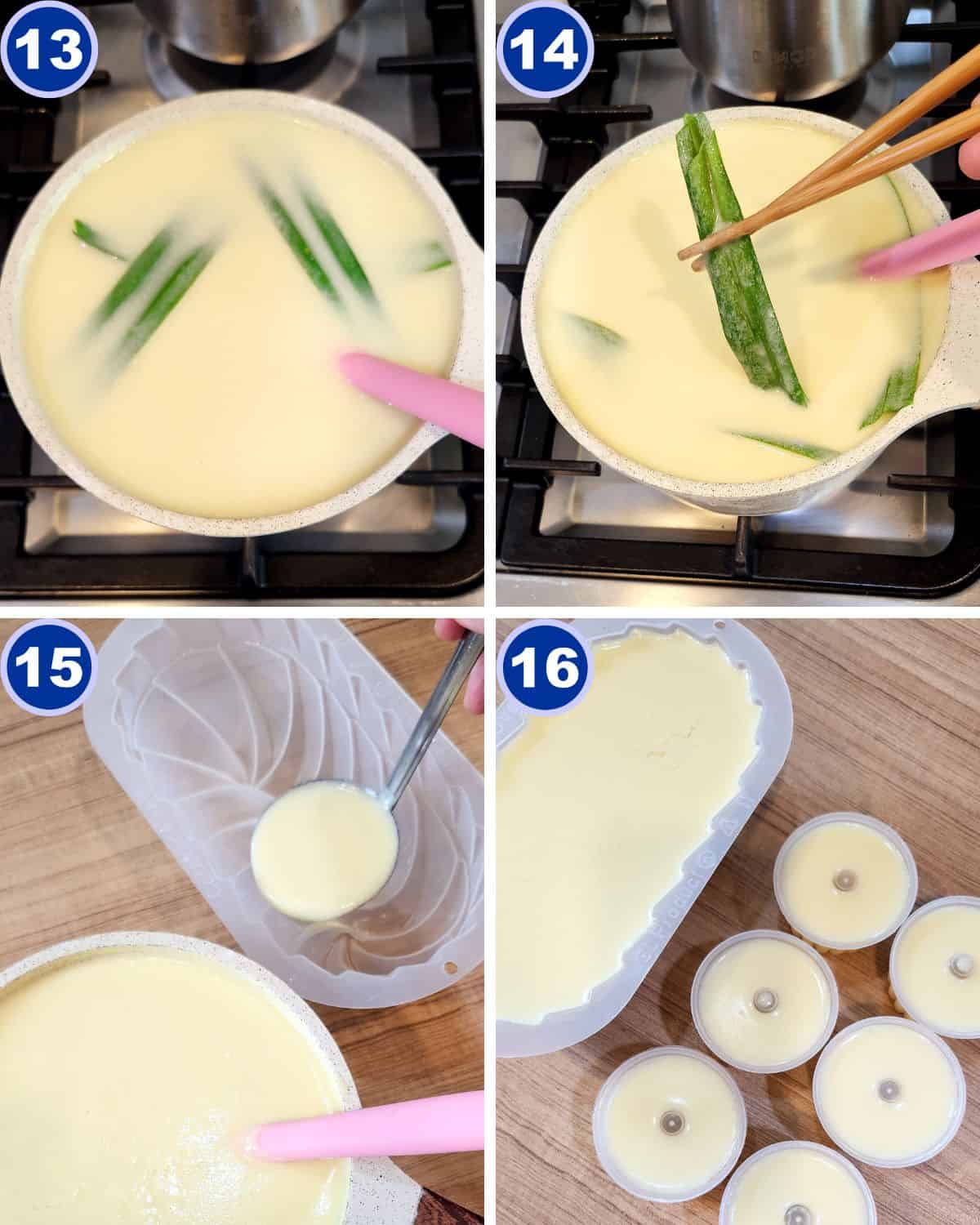 Step by step process of cooking the gluten free corn pudding mixture and pouring it into the mold.