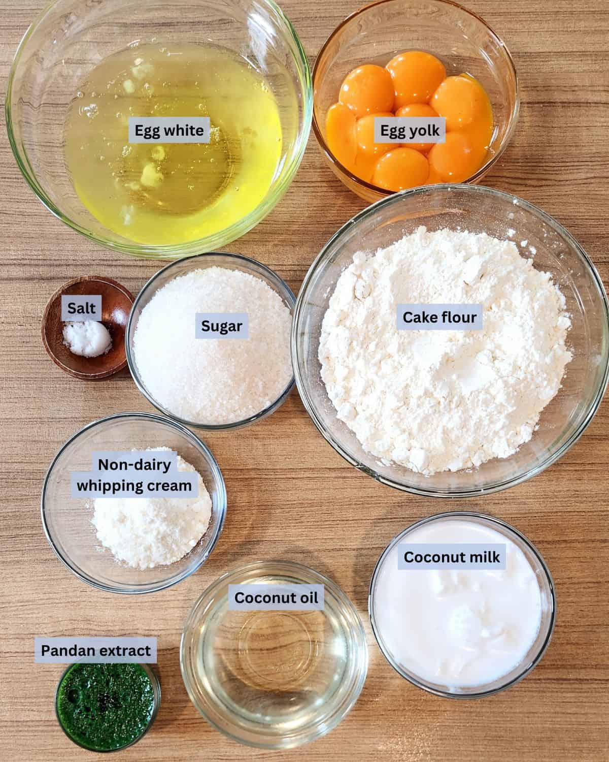 Pandan Coconut Milk Cake ingredients with labels.