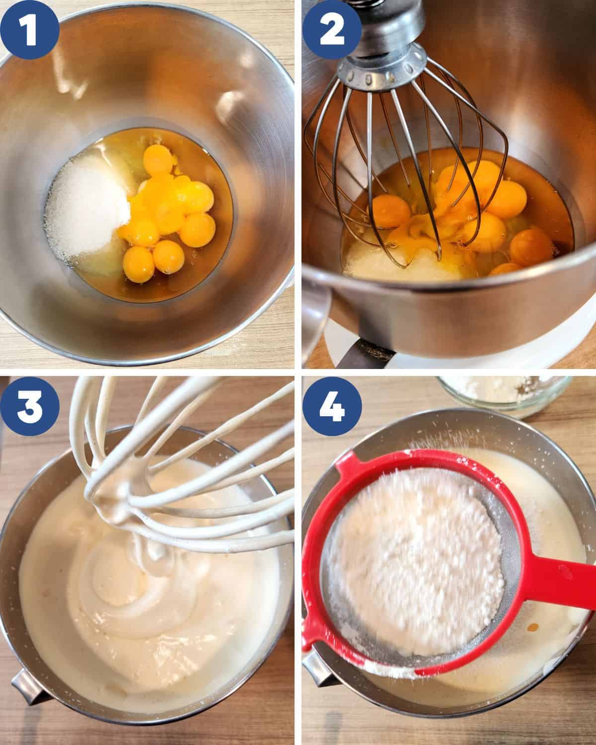 Step by step process of mixing the eggs and sugar and flour in a mixing bowl.
