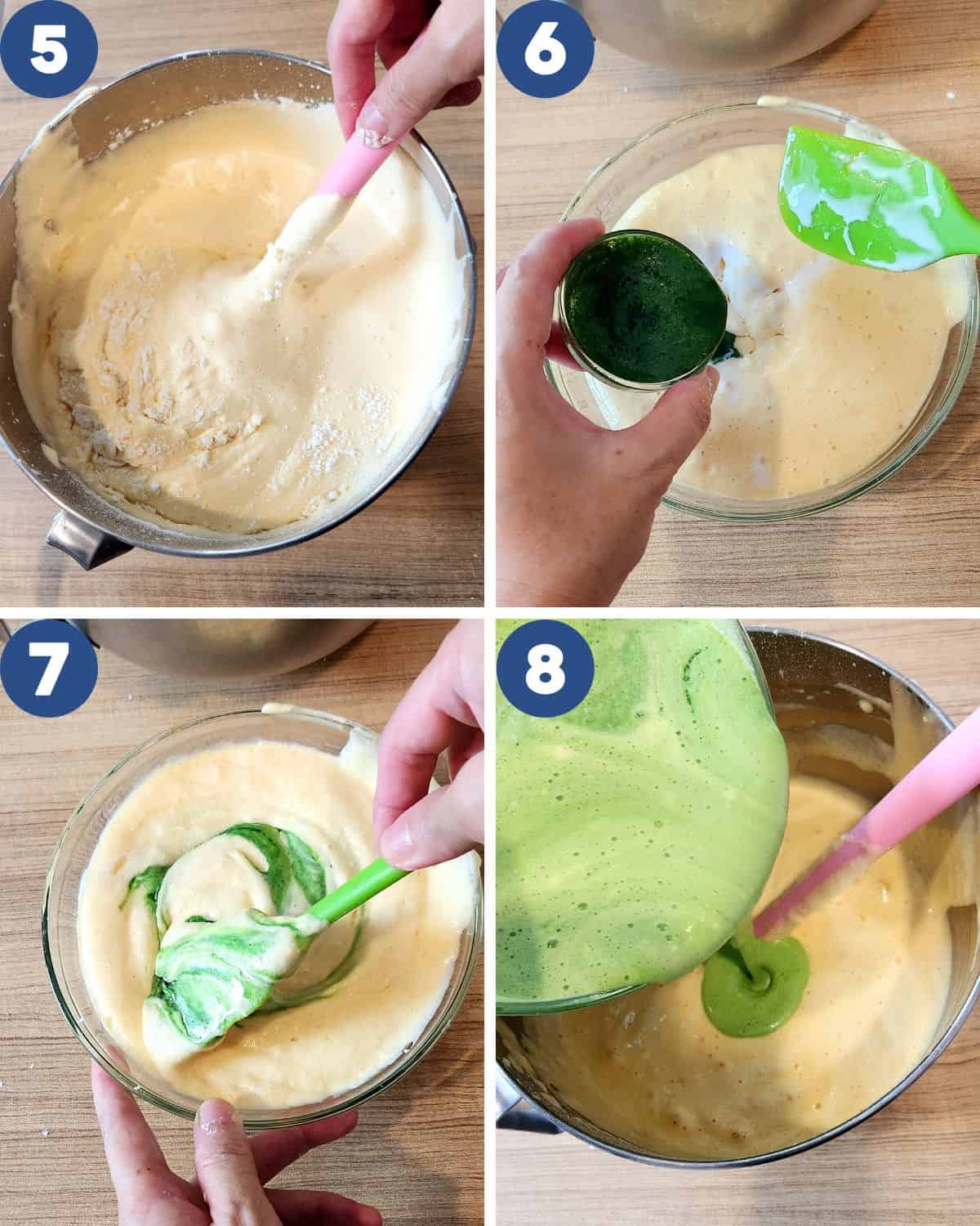 Step by step process of mixing the coconut milk, pandan extract into the batter.