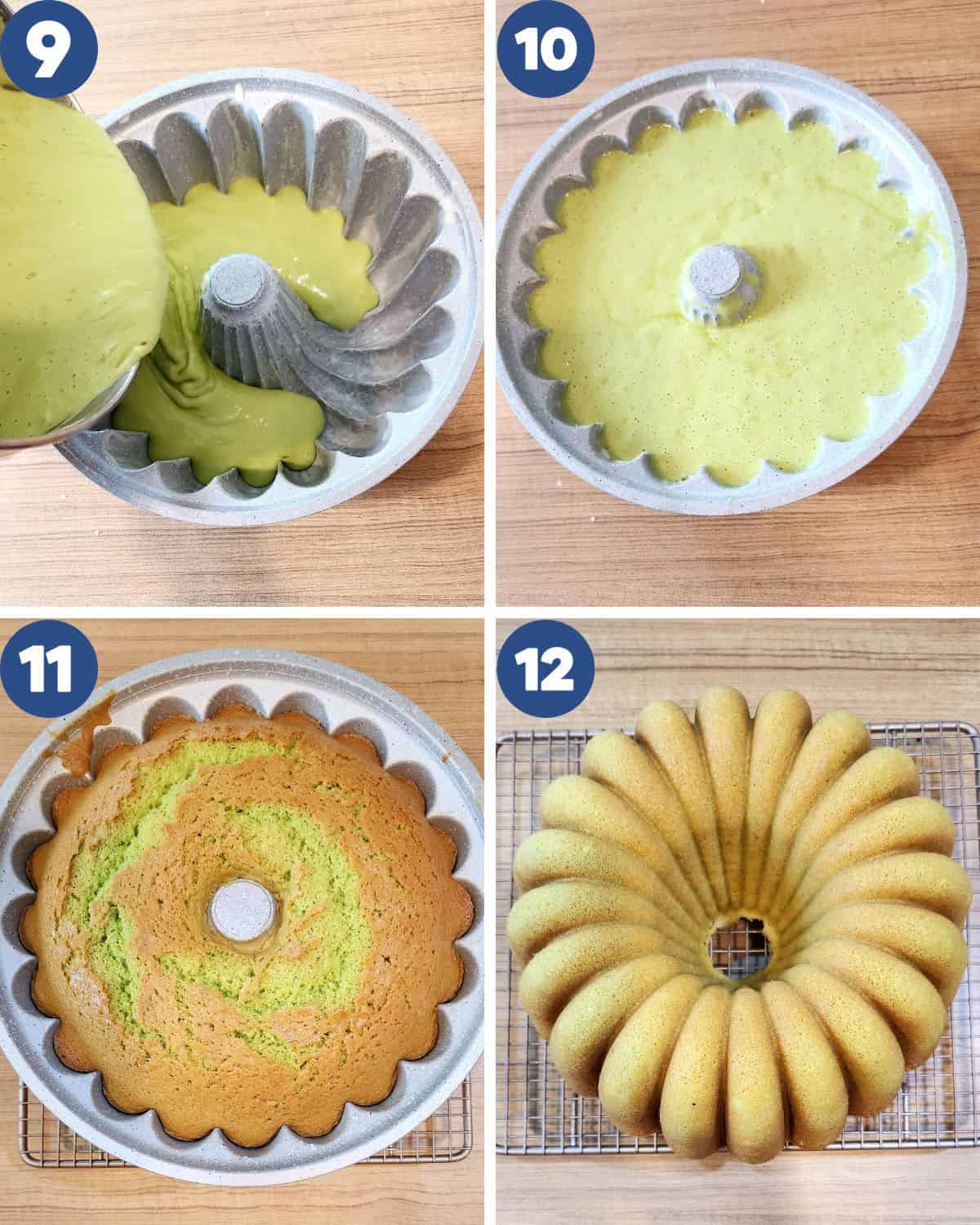 Step by step process pouring the batter into the greased pan and baking it in the oven.