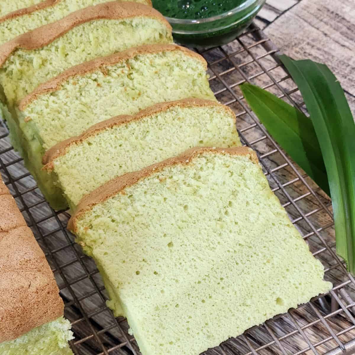 A few slices Taiwanese Castella Cake in pandan flavor on a cooling rack with pandan leaves next to it.