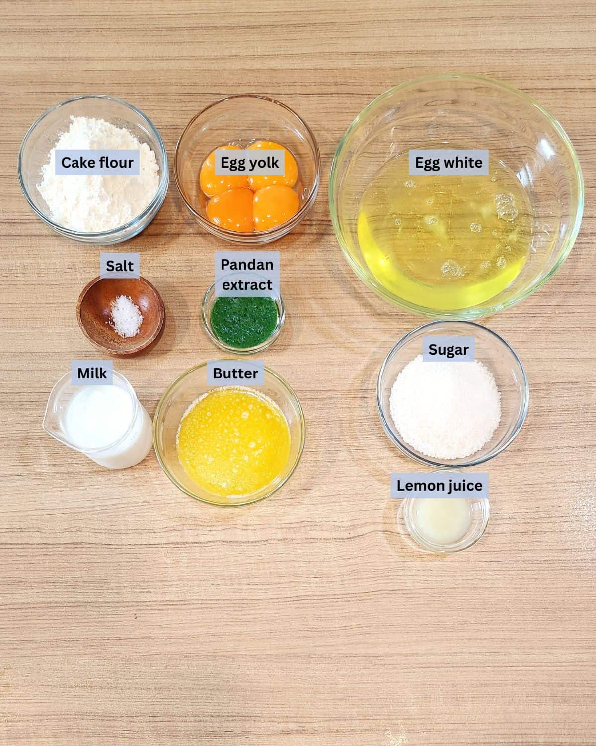 A photo of Taiwanese castella cake ingredients with pandan extract.