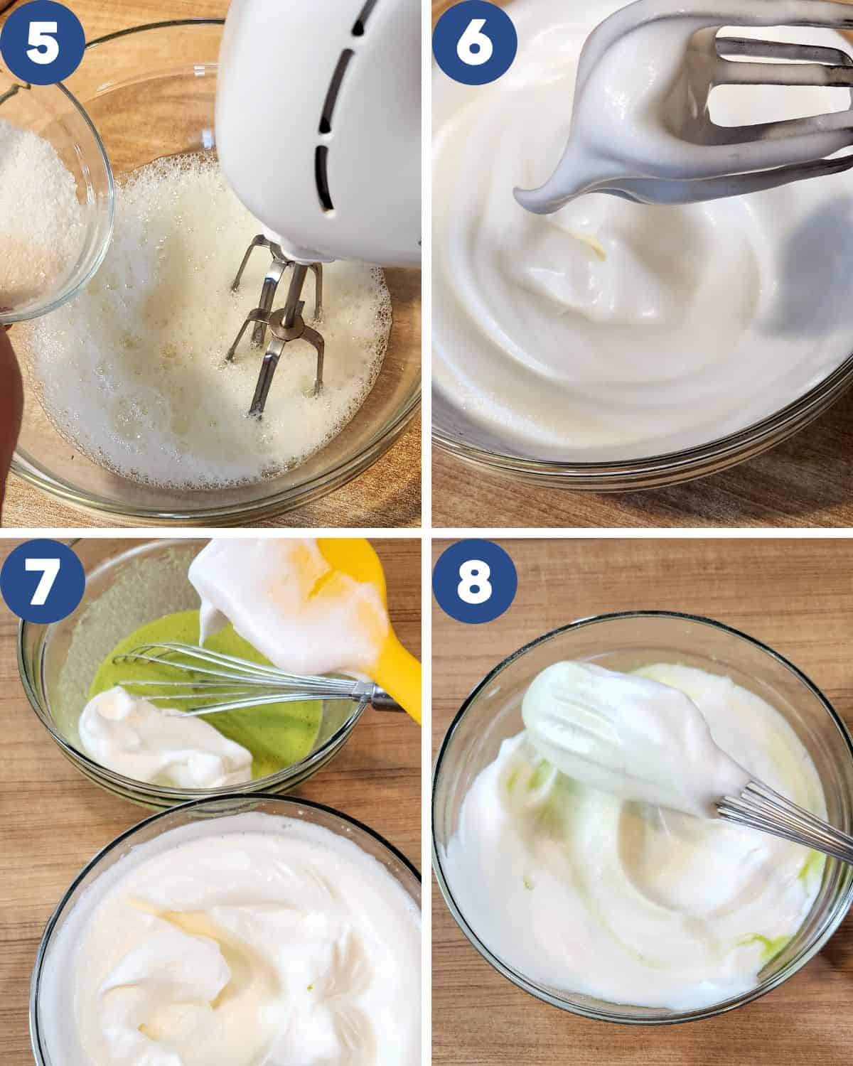 Step by step process of beating the egg white and mixing into the egg yolk batter.