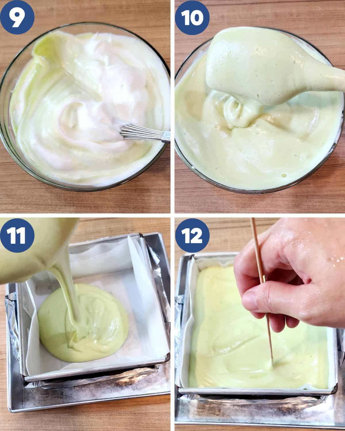 Step by step process of mixing the meringue into the egg yolk batter and pouring the batter into the baking pan. 