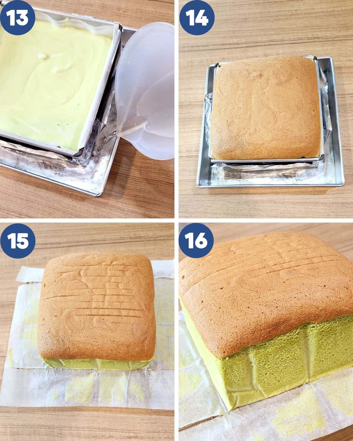 Step by step process of pouring water and baking the cake until done.