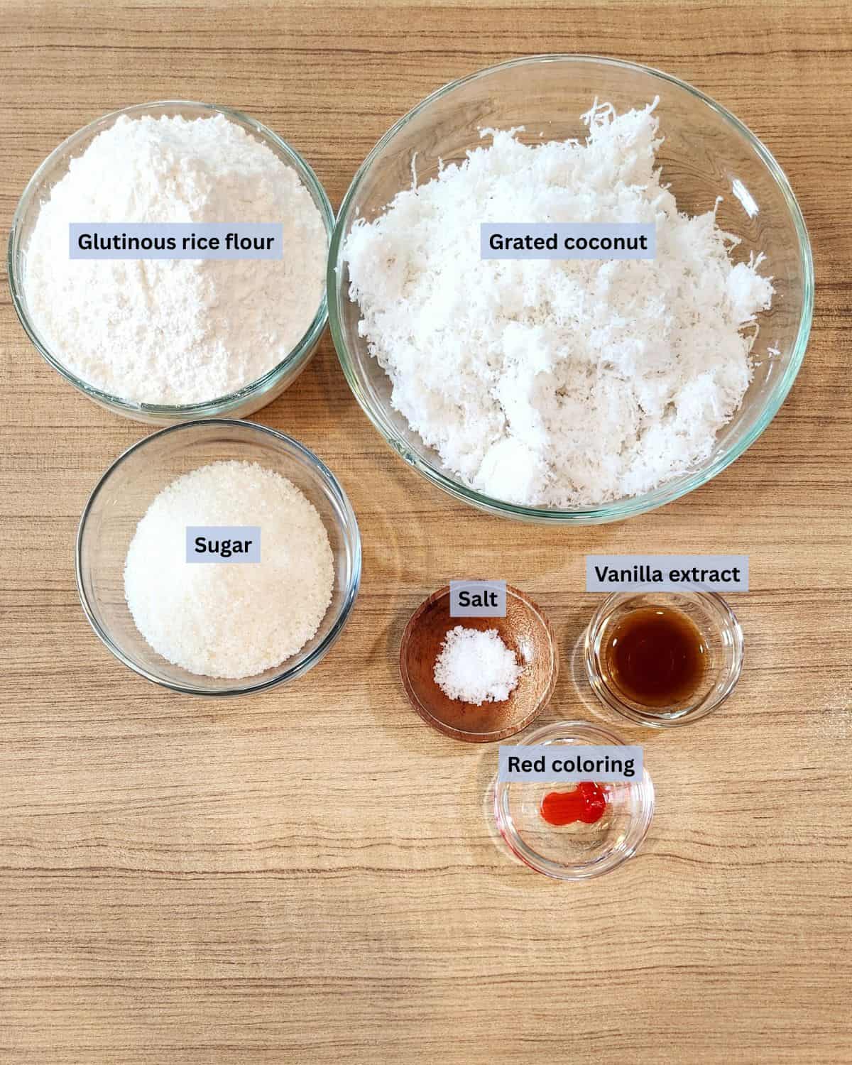 Kue Awug or Awuk ingredients with labels.