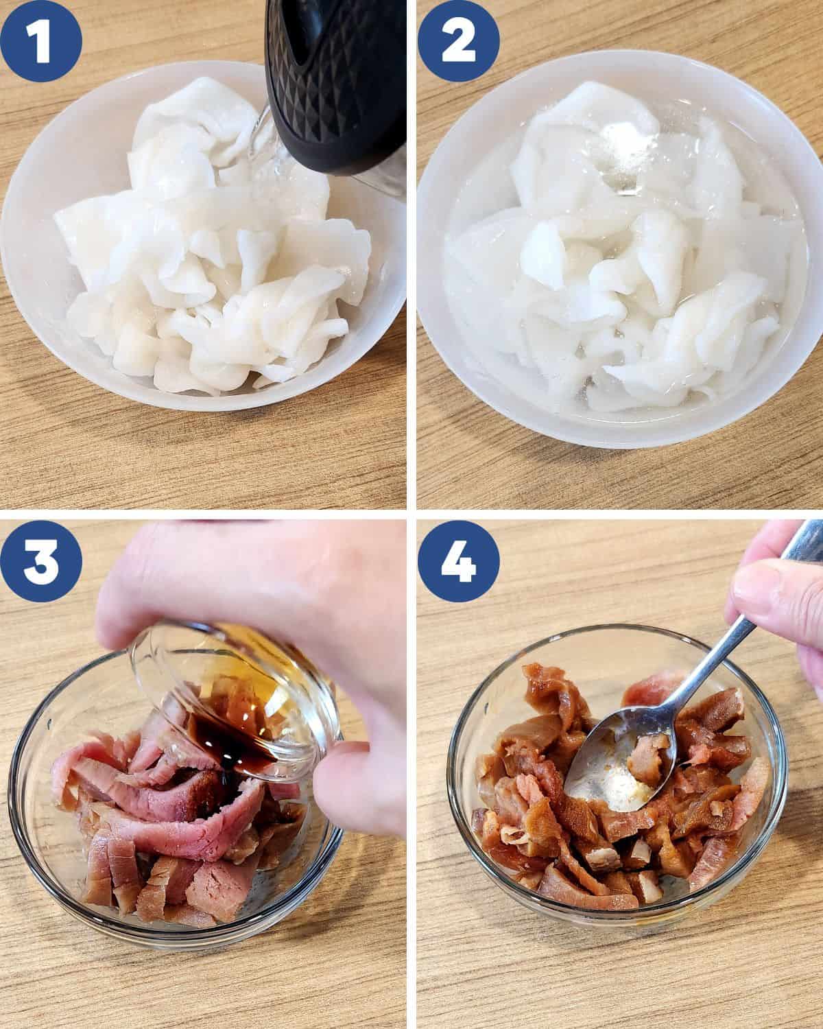 Step by step process photos of preparing the ho fun and beef flank.