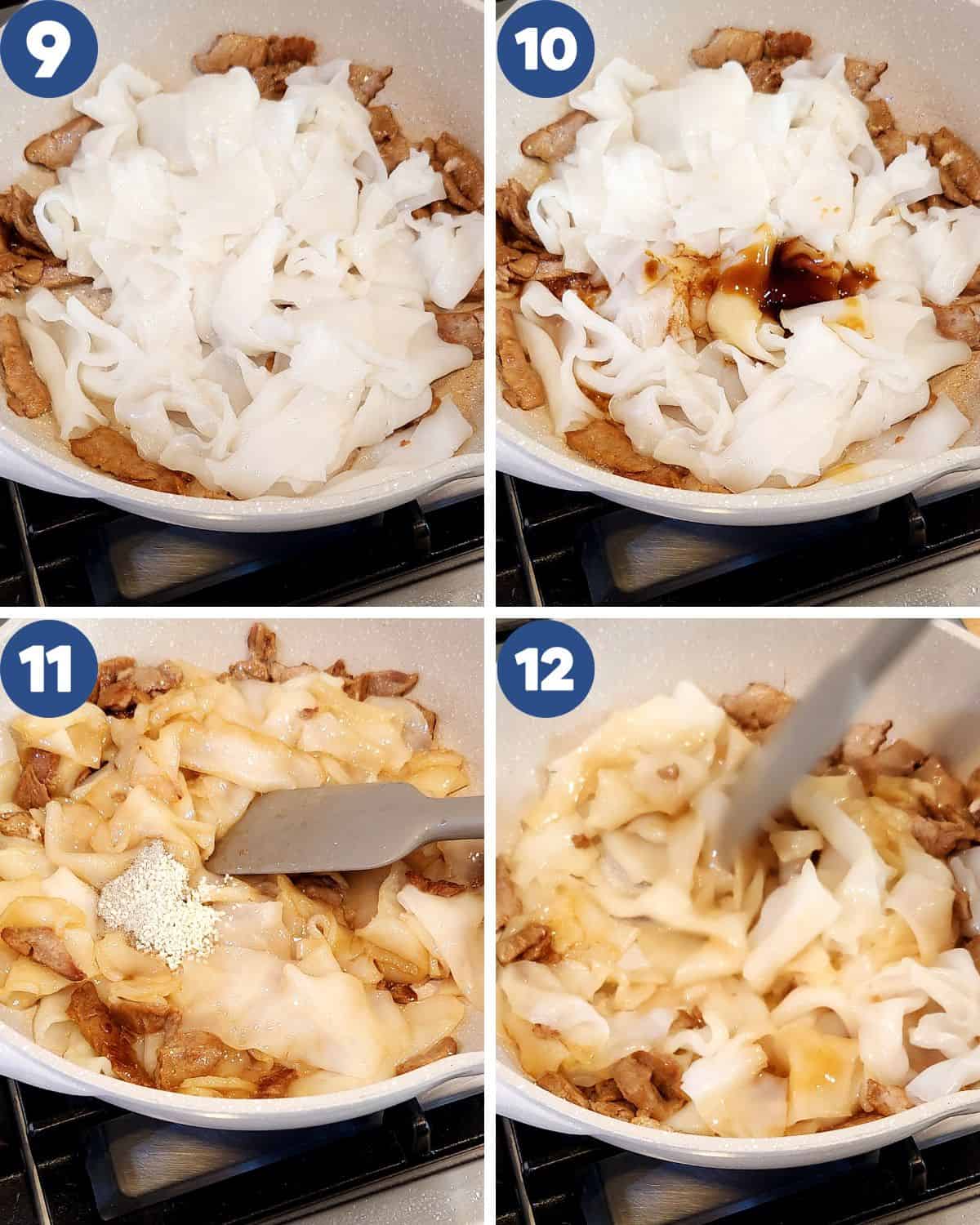 Step by step process photos of stir-frying the ho fun in a wok.