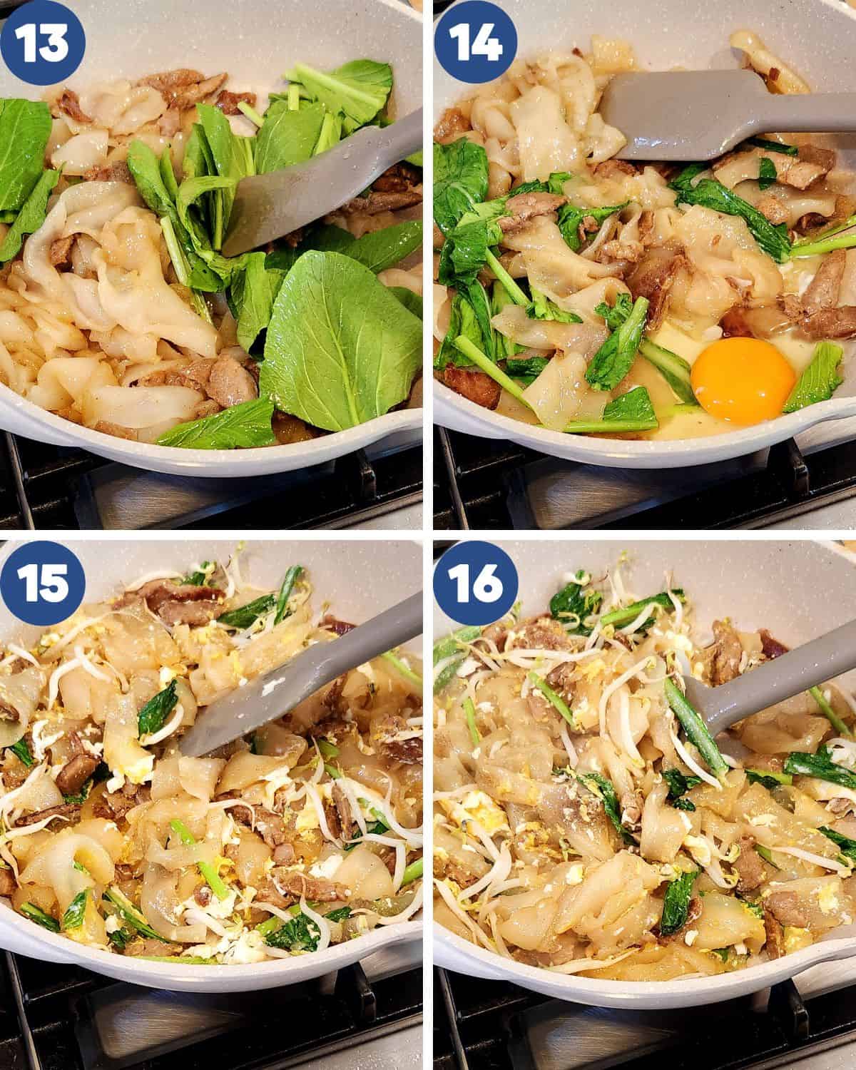 Step by step process photos of stir-frying the vegetables into the wok to make beef chow fun.