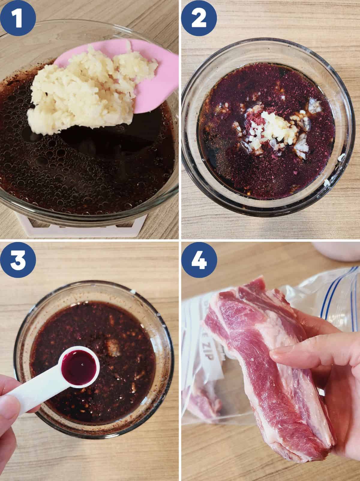 Step by step process photos on preparing the sauce for marinating the pork.