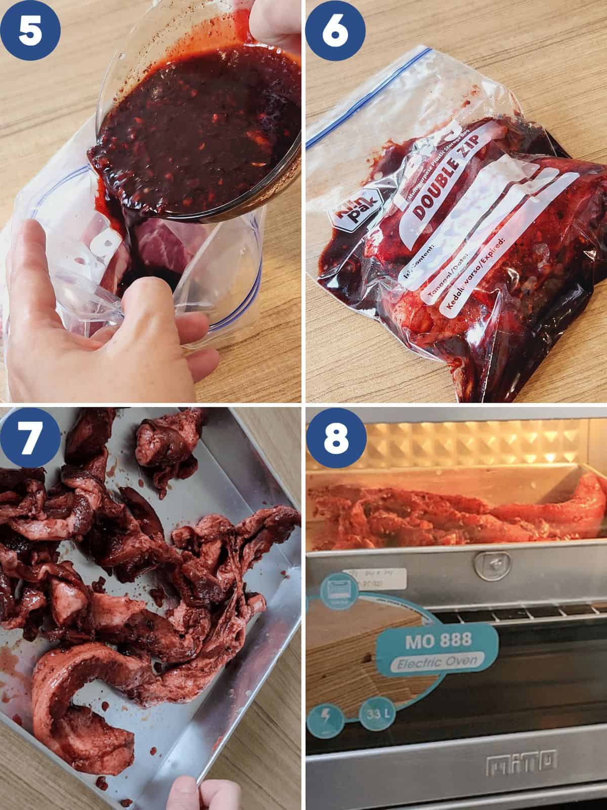 Step by step process photos of marinating the meat and roasting it in the oven.