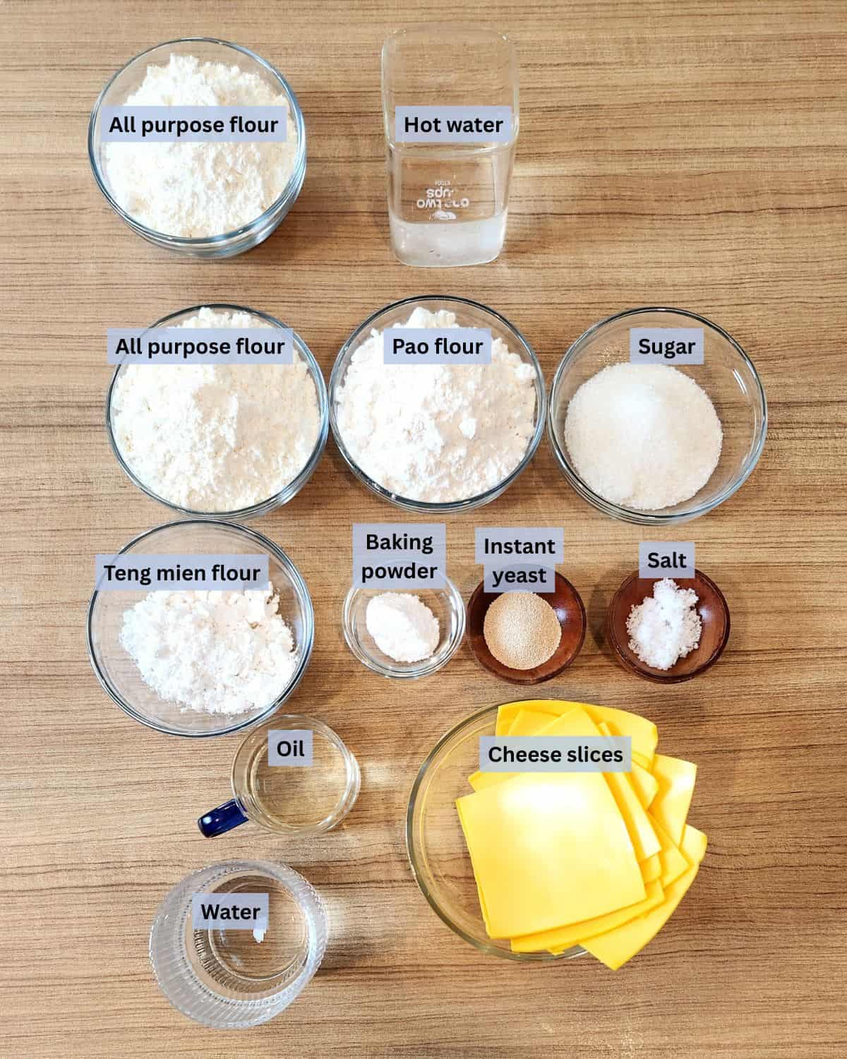 Chinese steamed bun with cheese recipe ingredients with labels.