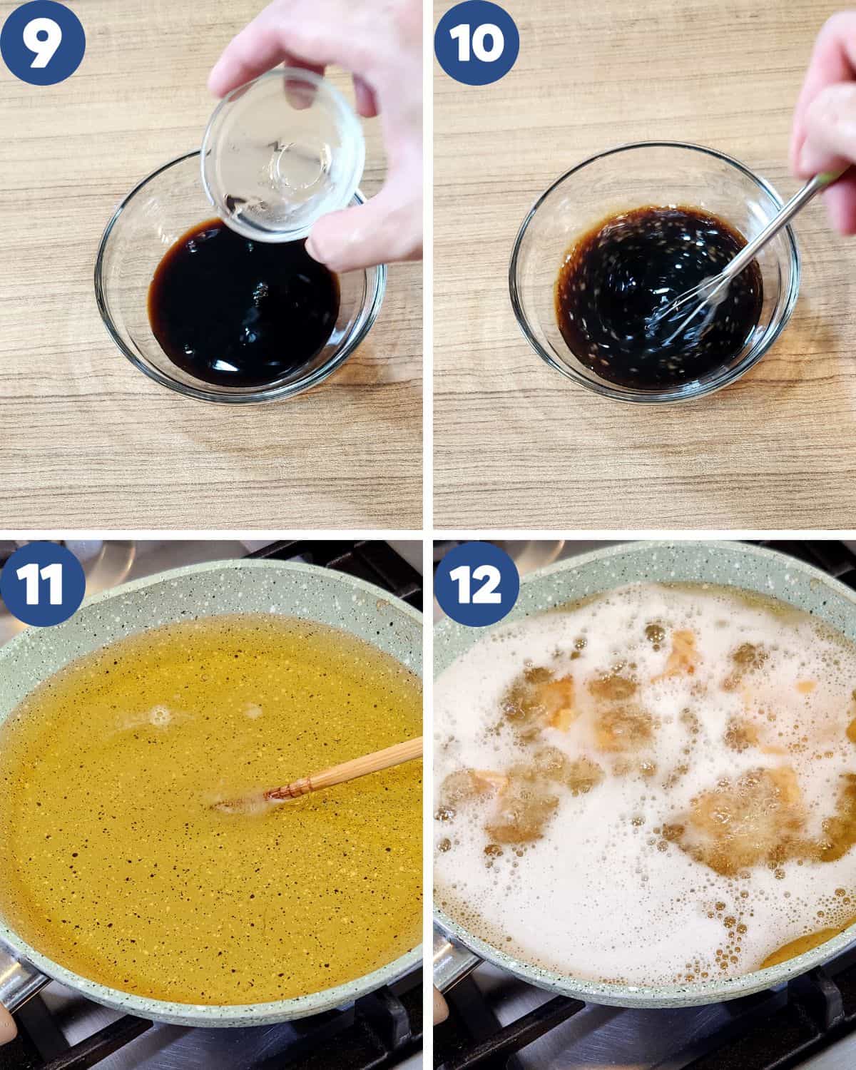 Step by step process photos of mixing the dipping sauce and preparing to deep-fry the chicken slices.