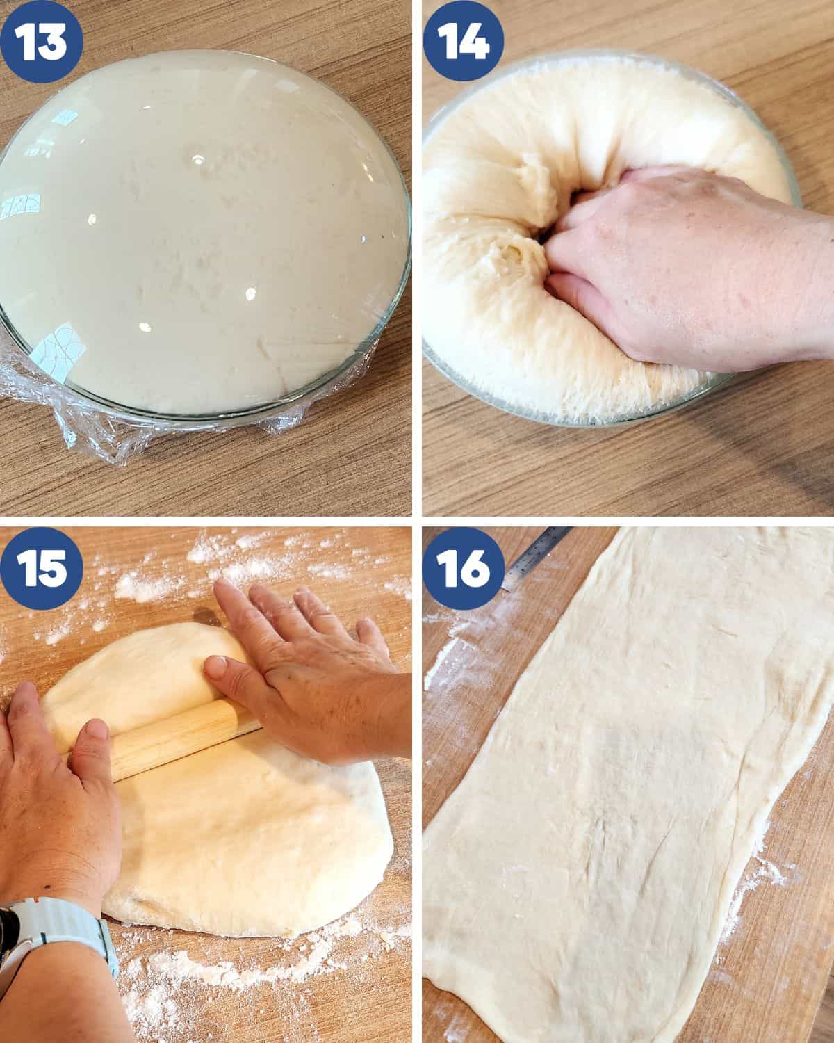 Step by step process photos of shaping the fermented dough.