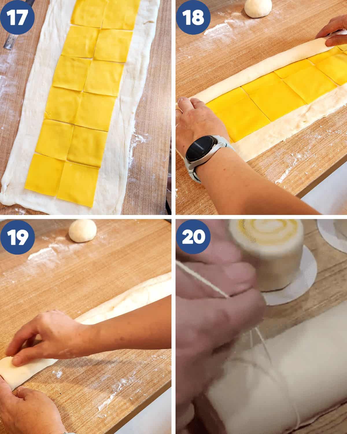 Step by step process photos of putting the cheese as fillings and shaping the mantou.