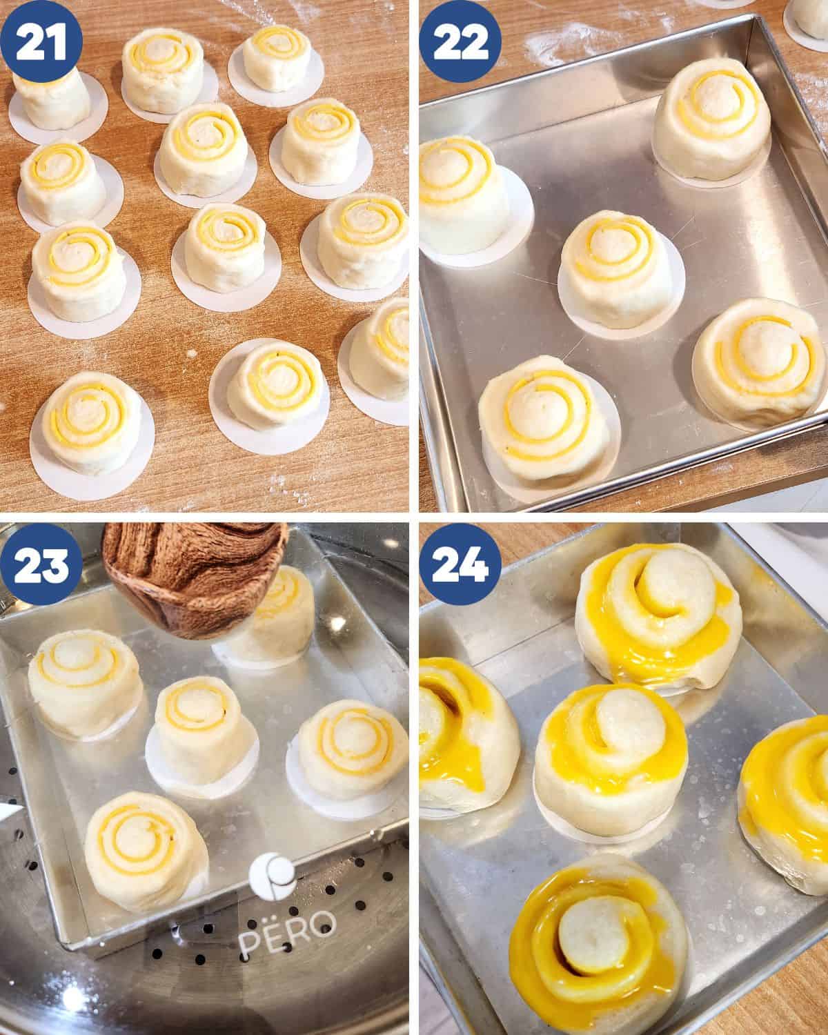 Step by step process photos of steaming the Chinese steamed bun with cheese fillings.