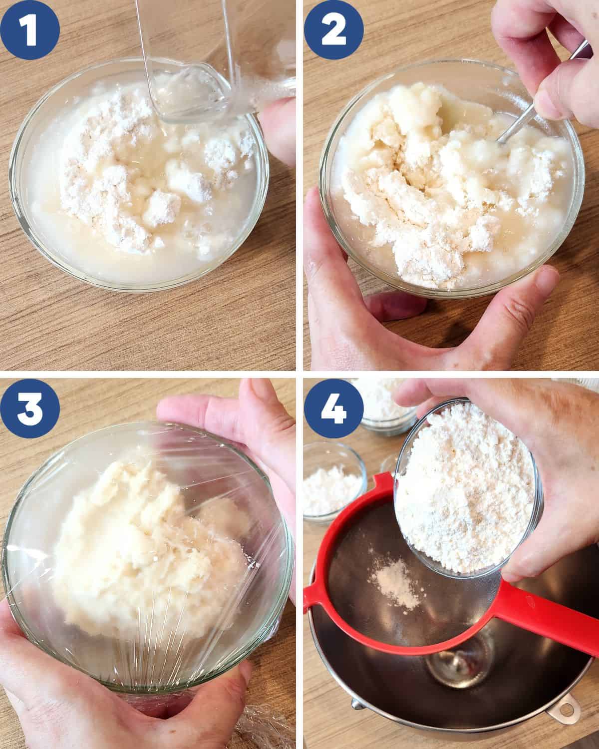 Step by step process photos of making the yudane dough.