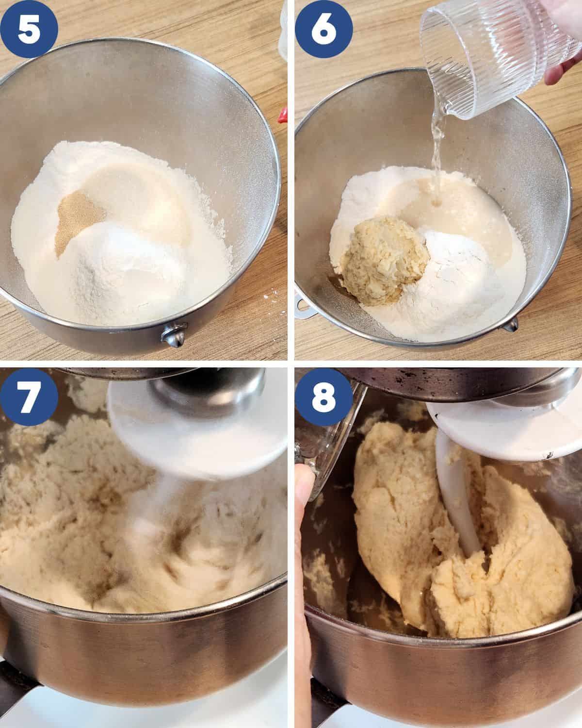 Step by step process photos of mixing all ingredients into a mixing bowl.
