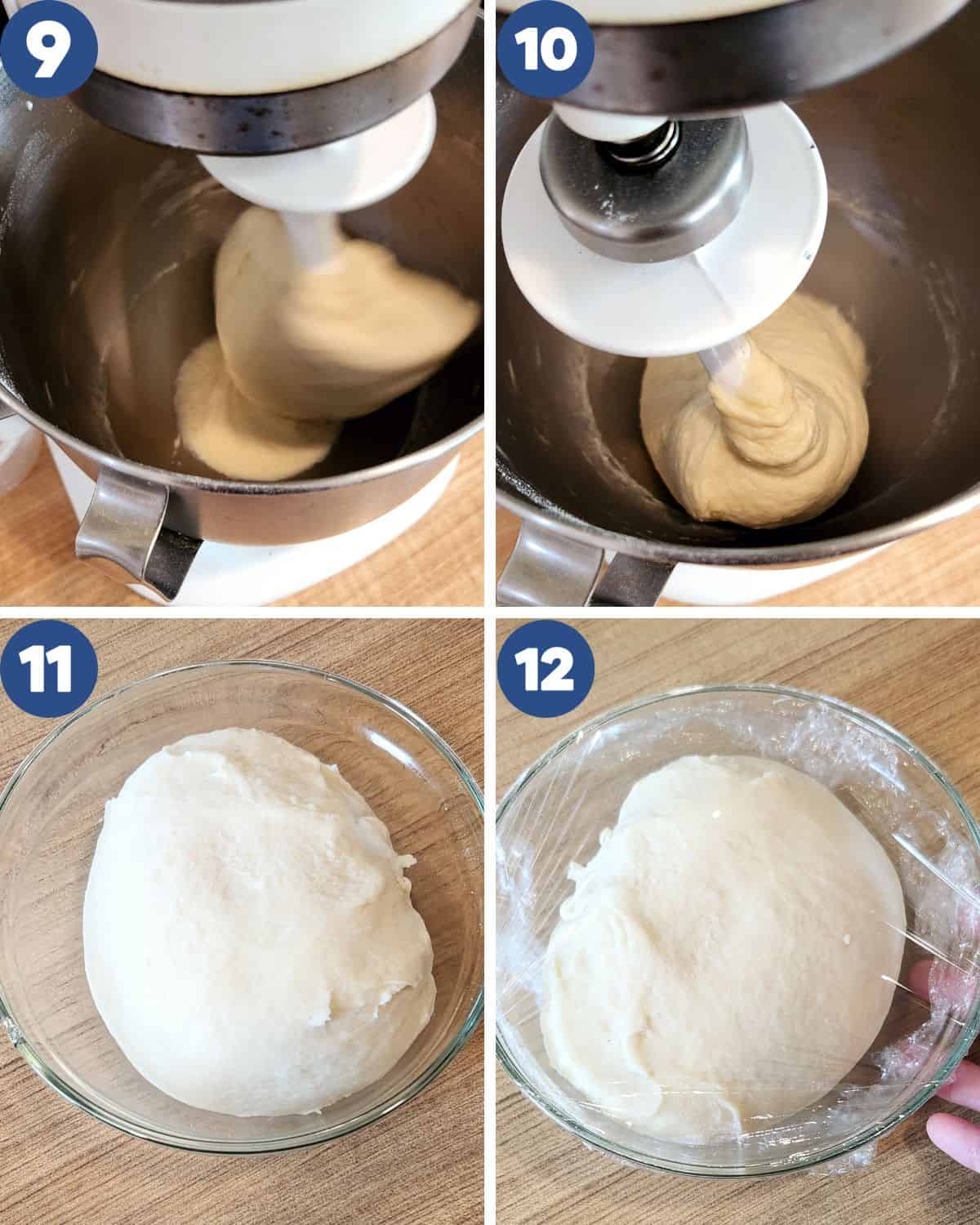 Step by step process photos of mixing the dough and fermenting it in a greased glass bowl.