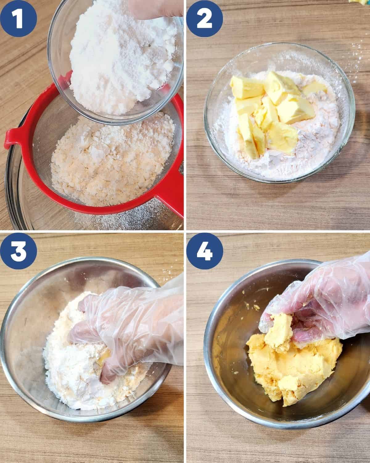 Step by step process photos of mixing the custard cookies dough.