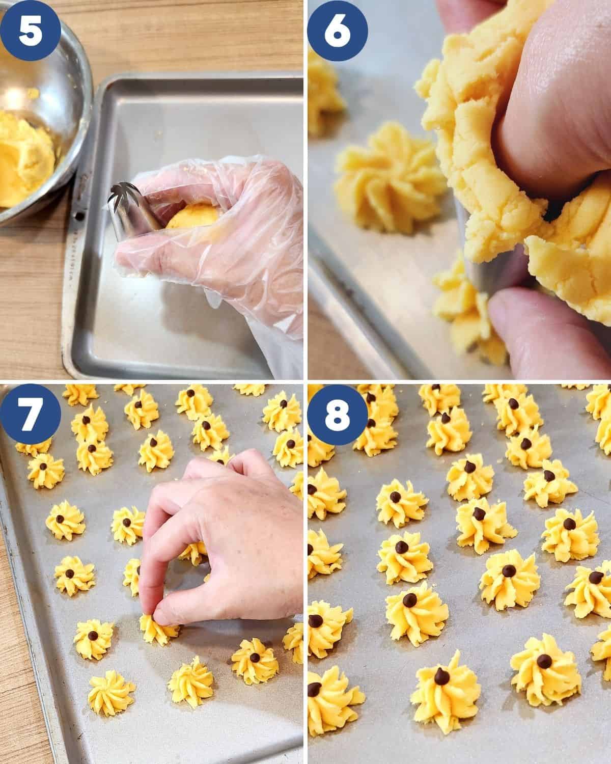 Step by step process photos of shaping the dough with a flower tip.