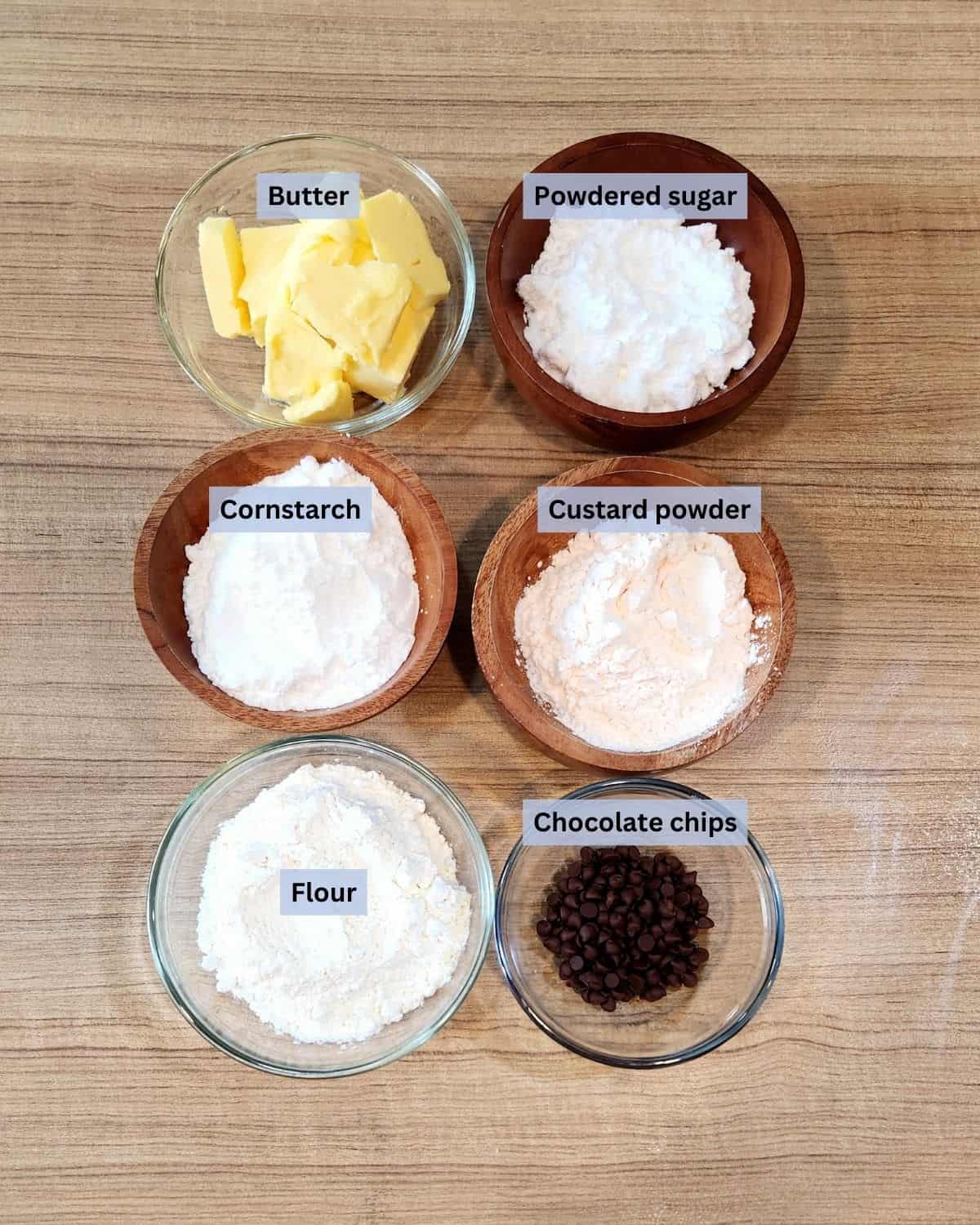 A photo of custard cookies ingredients with labels.