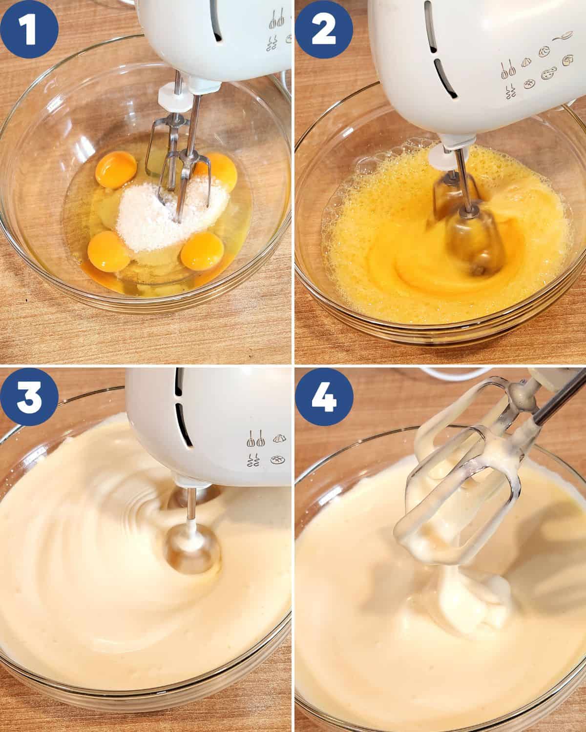 Step by step photo process of beating eggs, sugar, and salt until thick and pale.