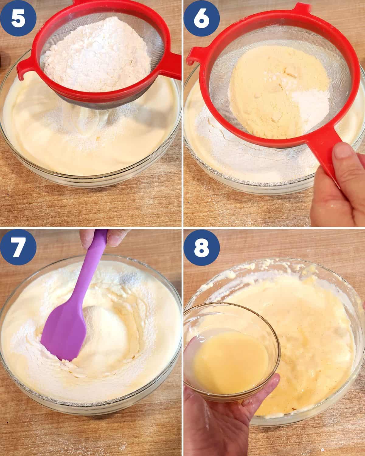 Step by step photos of sifting the dry ingredients into the batter.