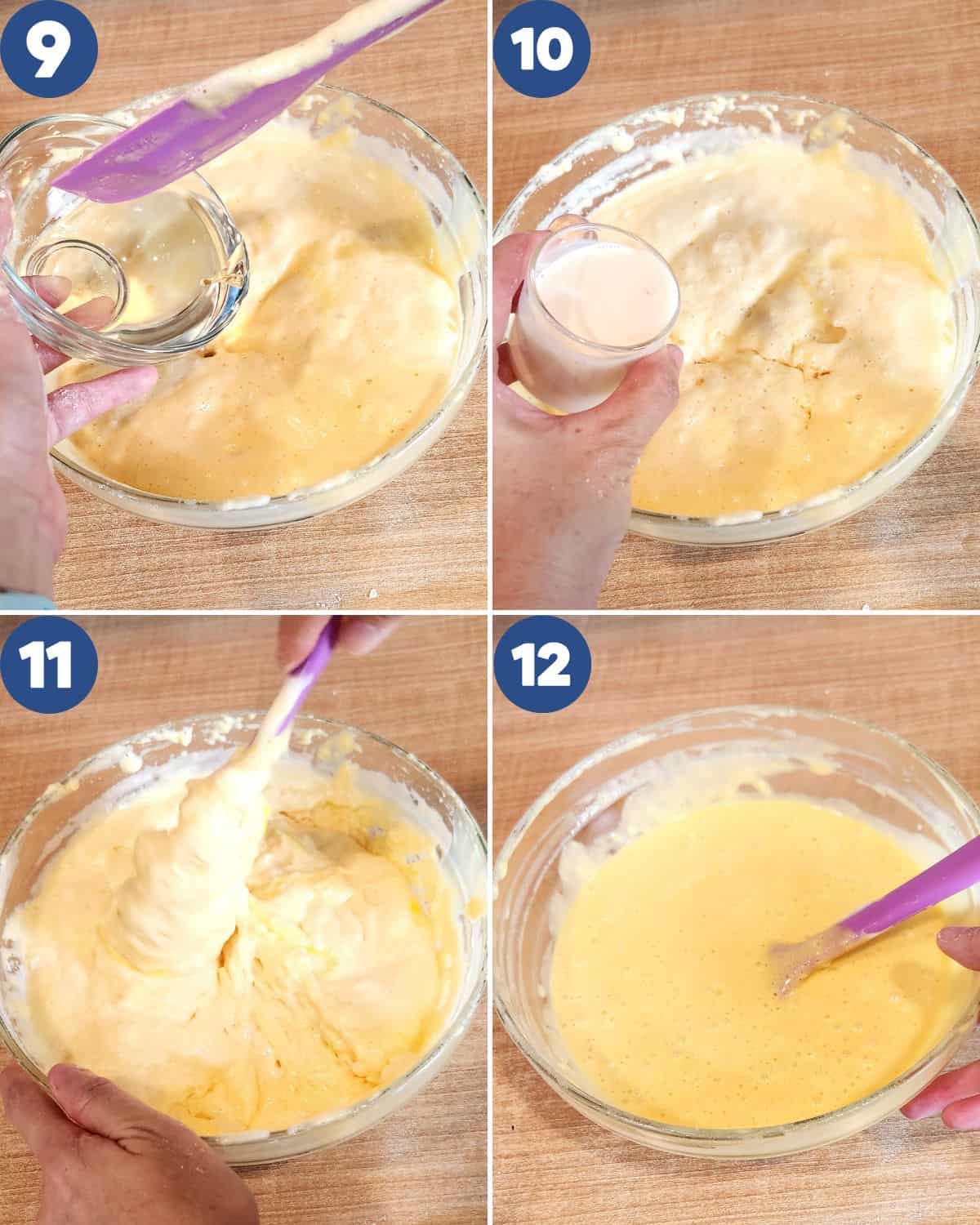 Step by step photos of mixing in the liquid ingredients into the batter.