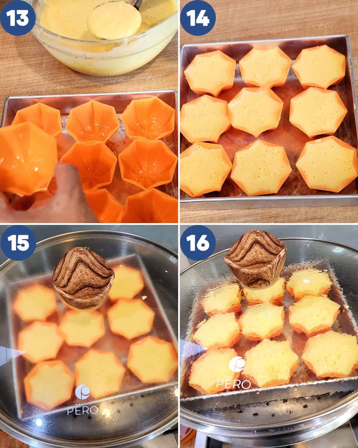 Step by step photos of pouring the batter into the mold and steaming the cake until done.