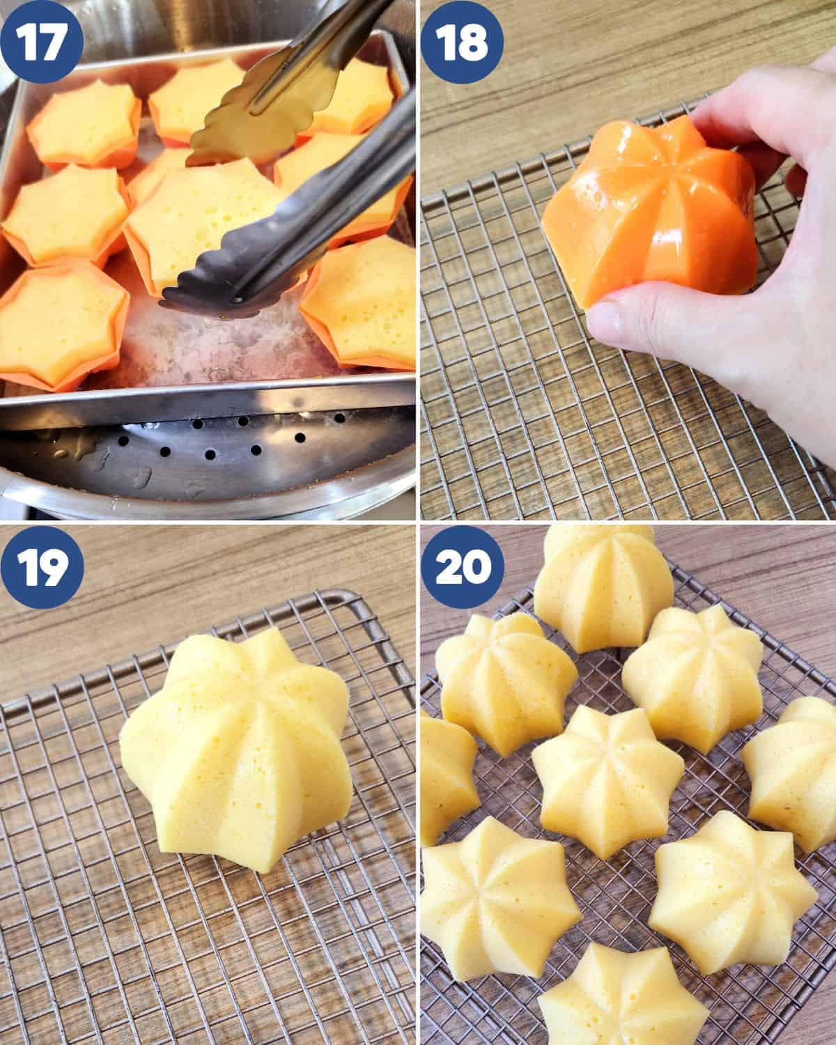 Step by step photos of taking out the cake from the steamer and cooling them down.