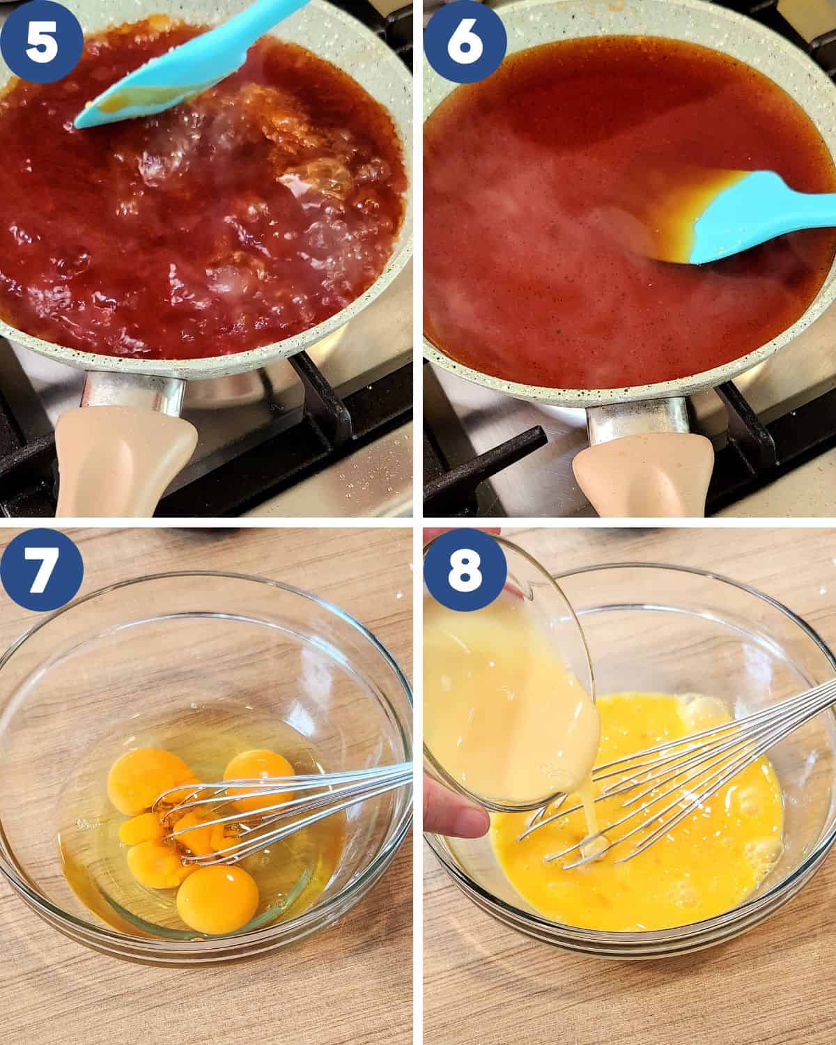 Step by step process of letting the water dissolve the caramel and beating the eggs.