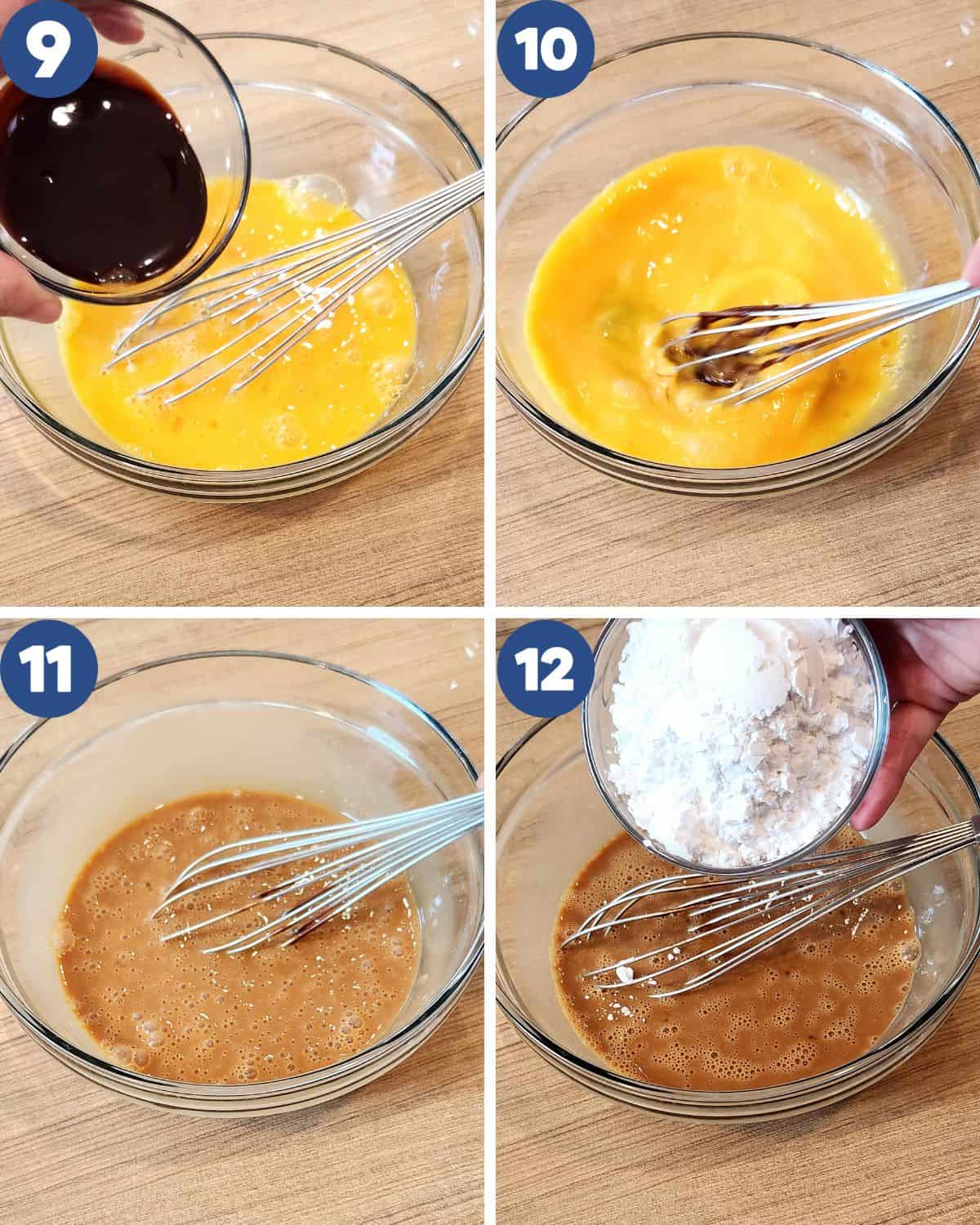 Step by step process photos of whisking the batter with condensed milk and flour.
