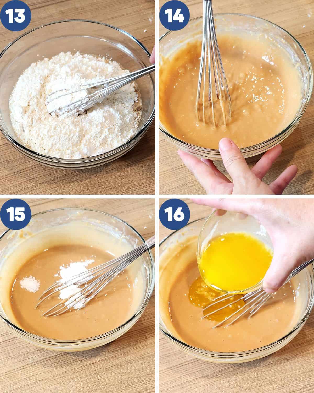 Step by step proces photos of whisking the batter with butter.