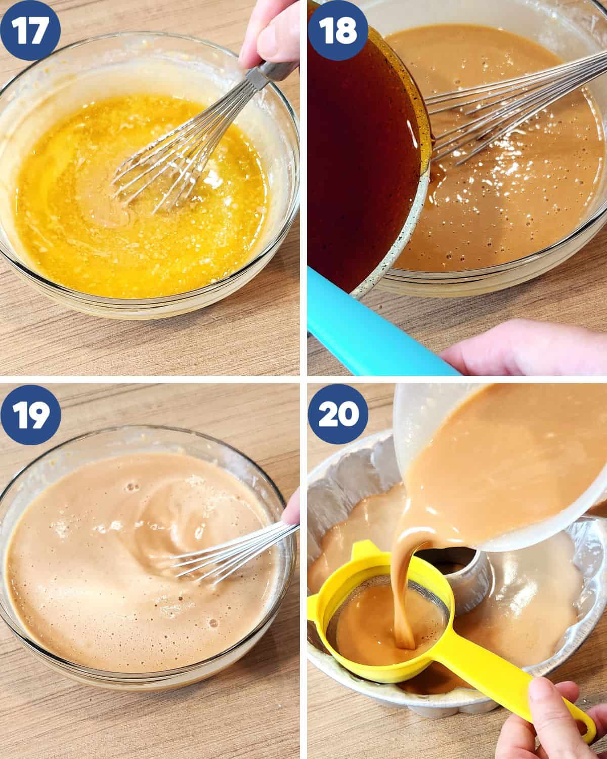 Step by step process photos of whisking the batter with caramel and straining it into the baking pan.