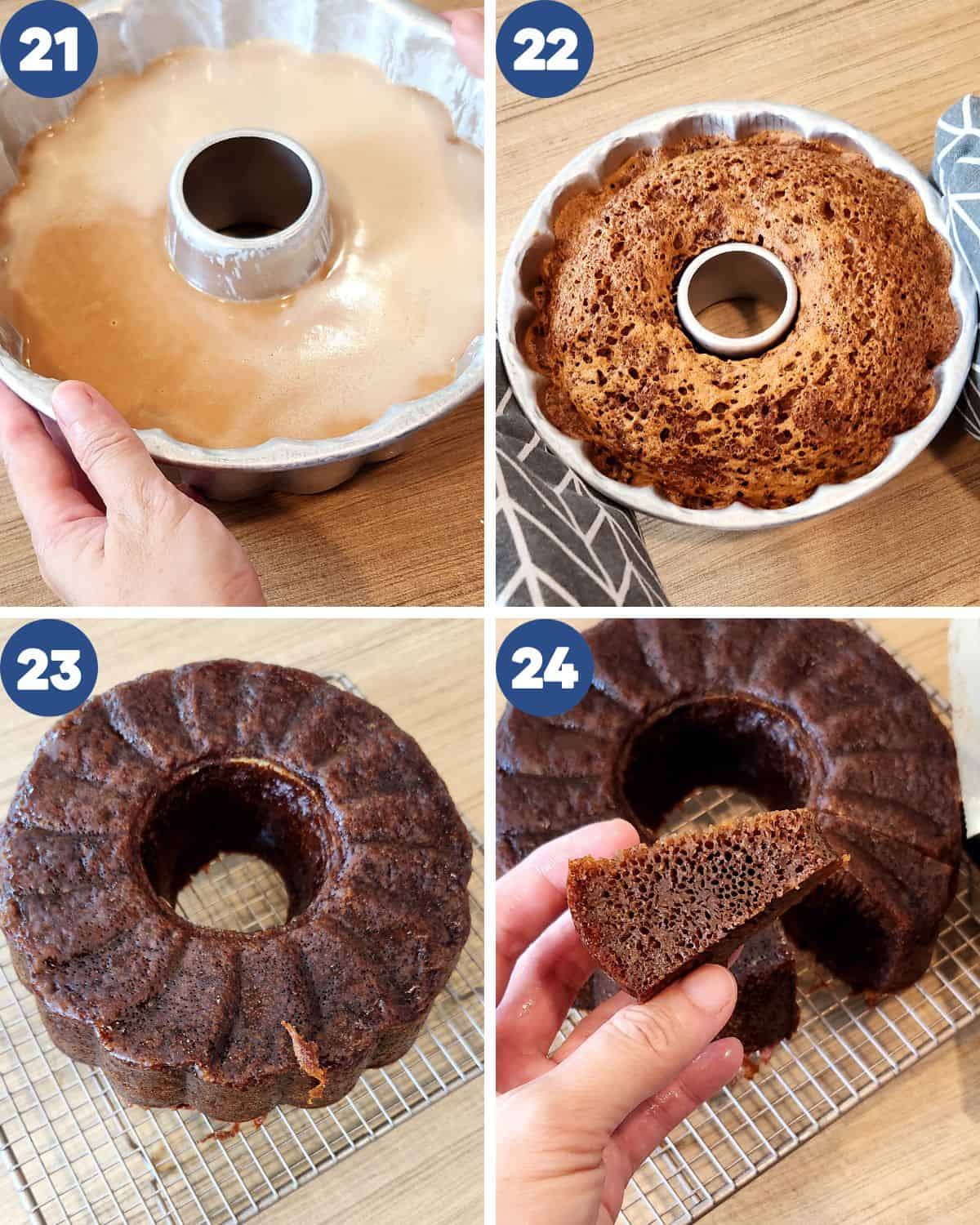Step by step process photos of baking the honeycomb cake and showing the sliced cake with beehive texture.