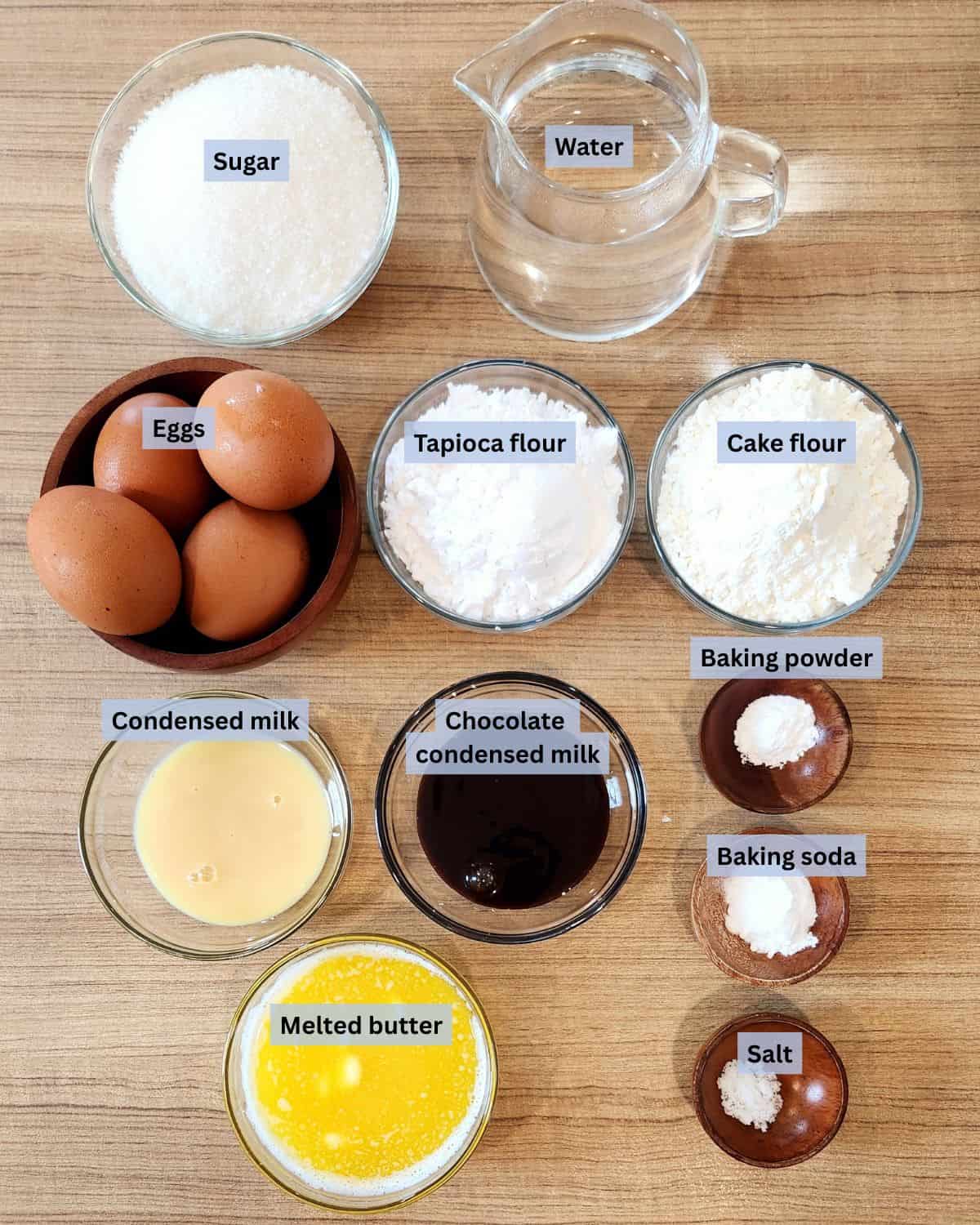 Malaysian honeycomb cake recipe ingredients with labels.