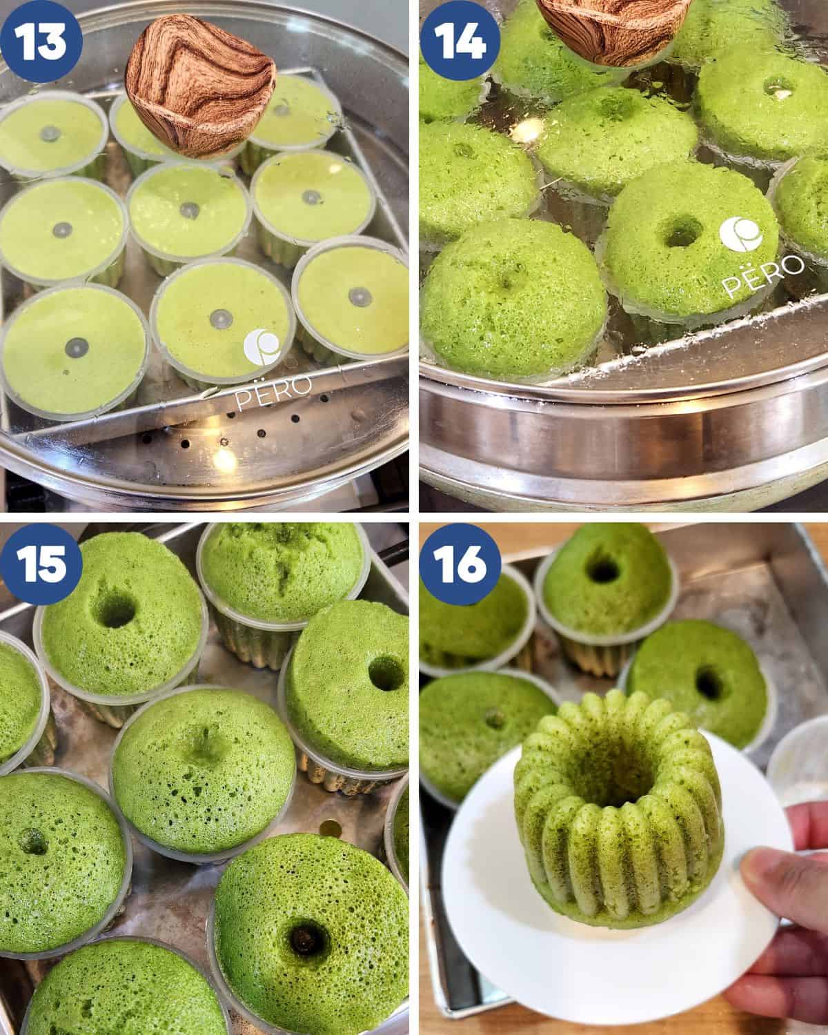 Step by step process photos of steaming the kue apem pandan and removing the pudding mold.