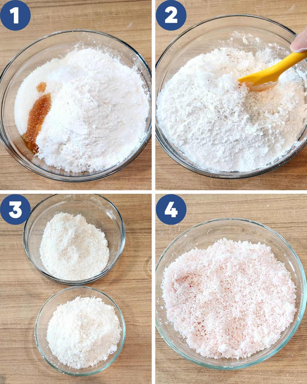 Step by step process photos of mixing the white part and colored part of Kue Awug.