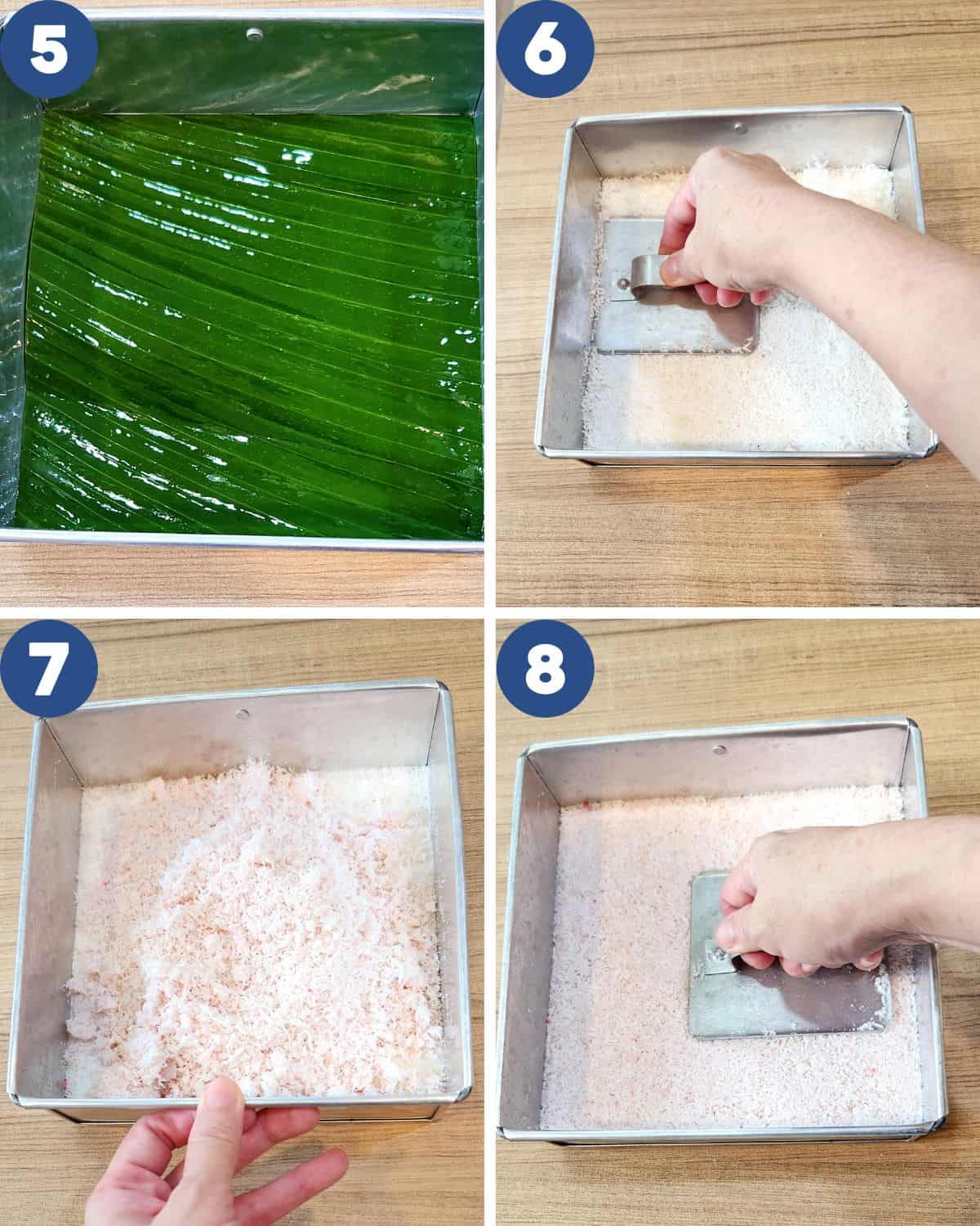 Step by step process photos of setting the batter into a pan greased with oil.