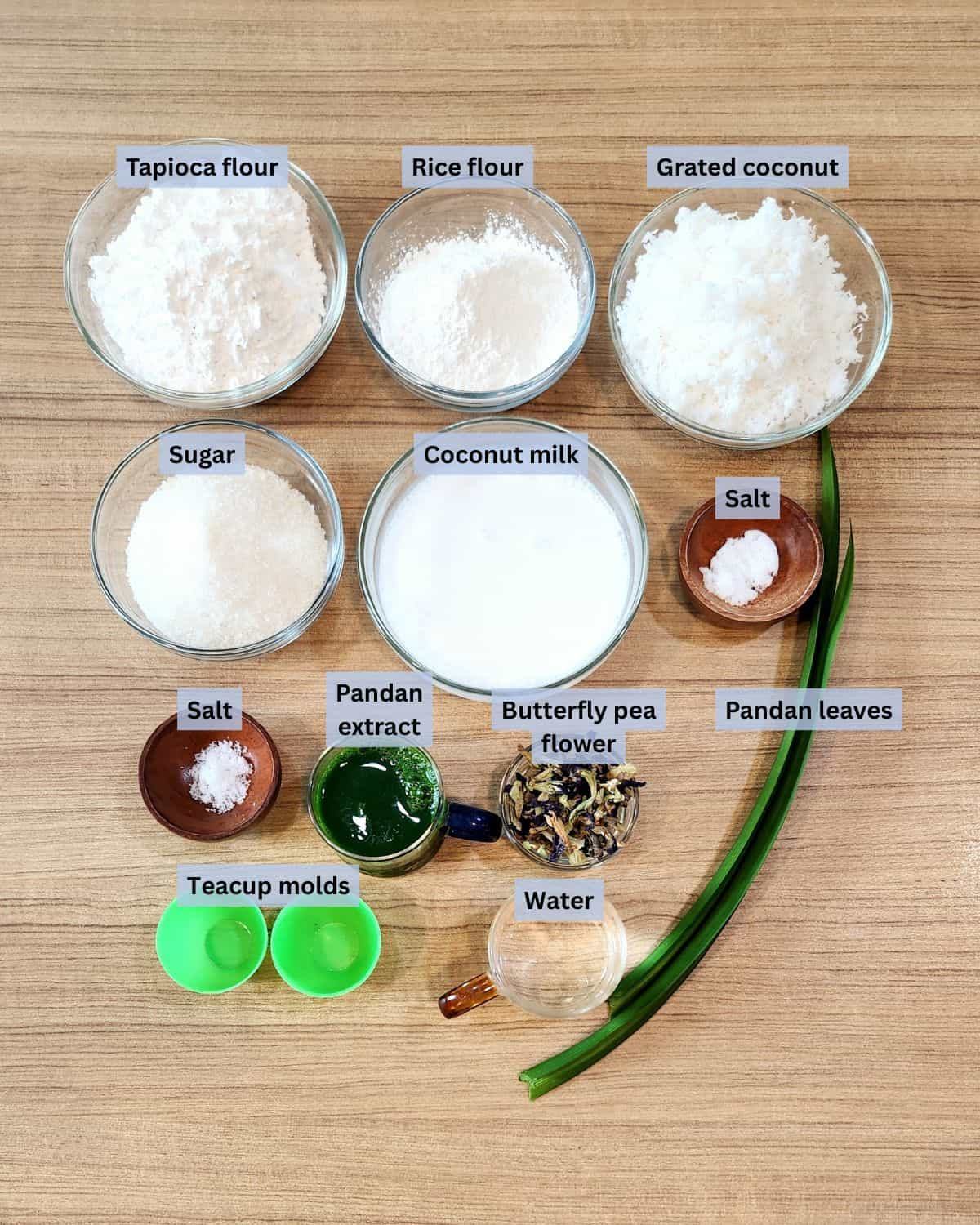 Kuih Kosui or Kue Lumpang or Kue Ijo ingredients with labels.