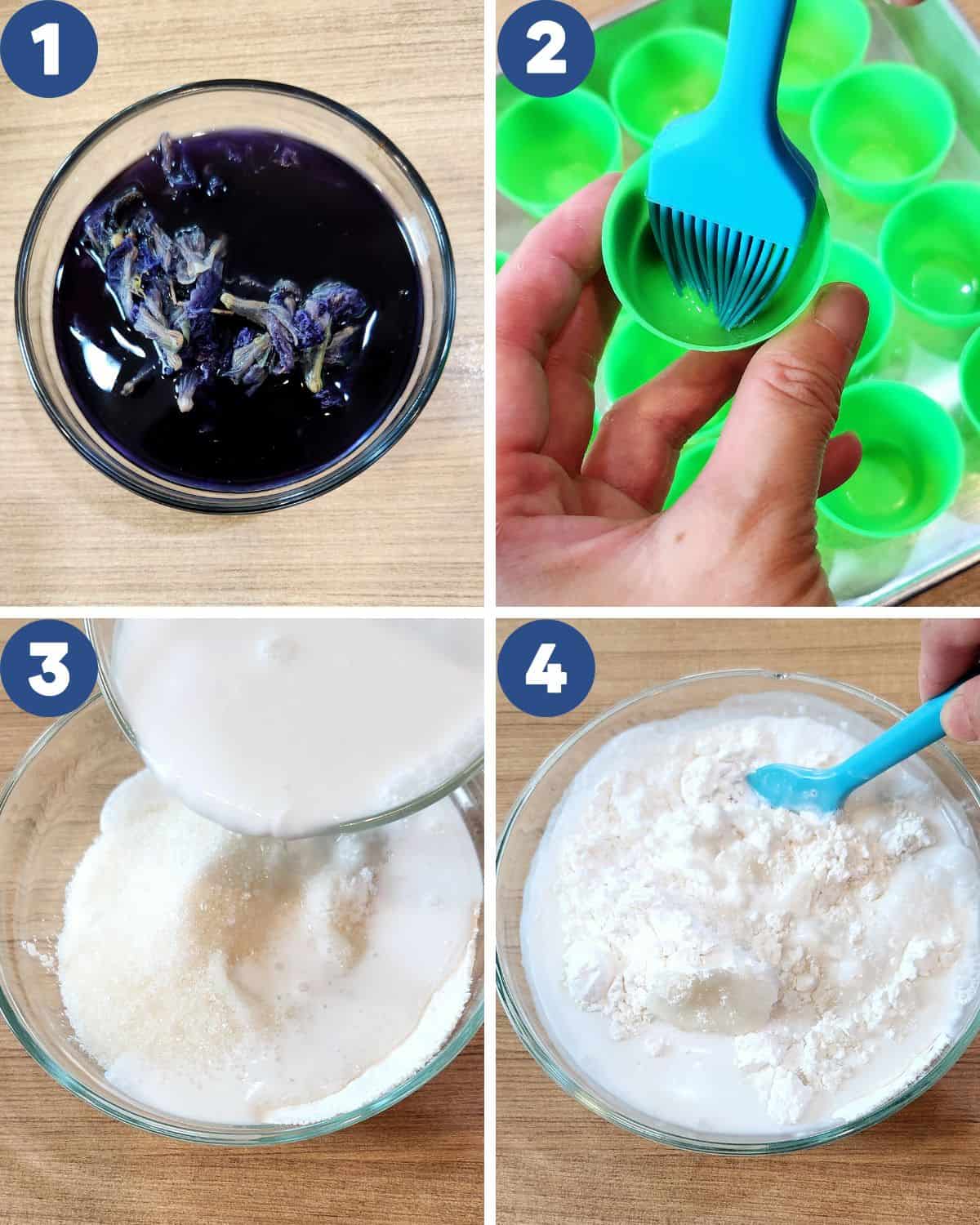 Step by step process photos of preparing the teacup mold and the batter.